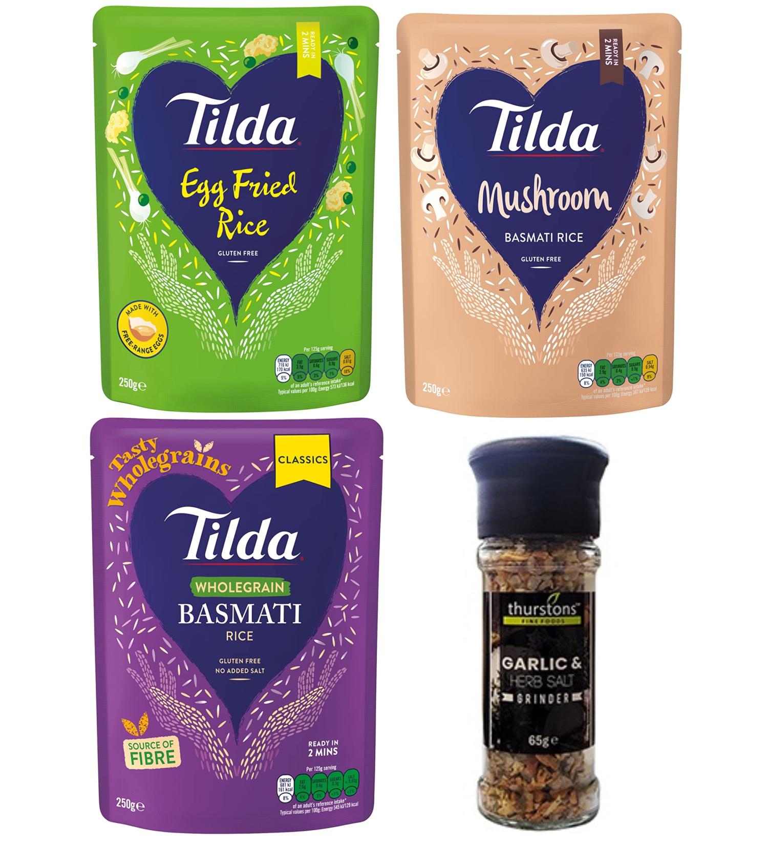Tilda Microwave Basmati Rice Bundle with Garlic & Herb Salt Grinder - Egg Fried, Mushroom, Wholegrain Flavours - Ready in 2 Minutes - Buy Online on GoSupps.com