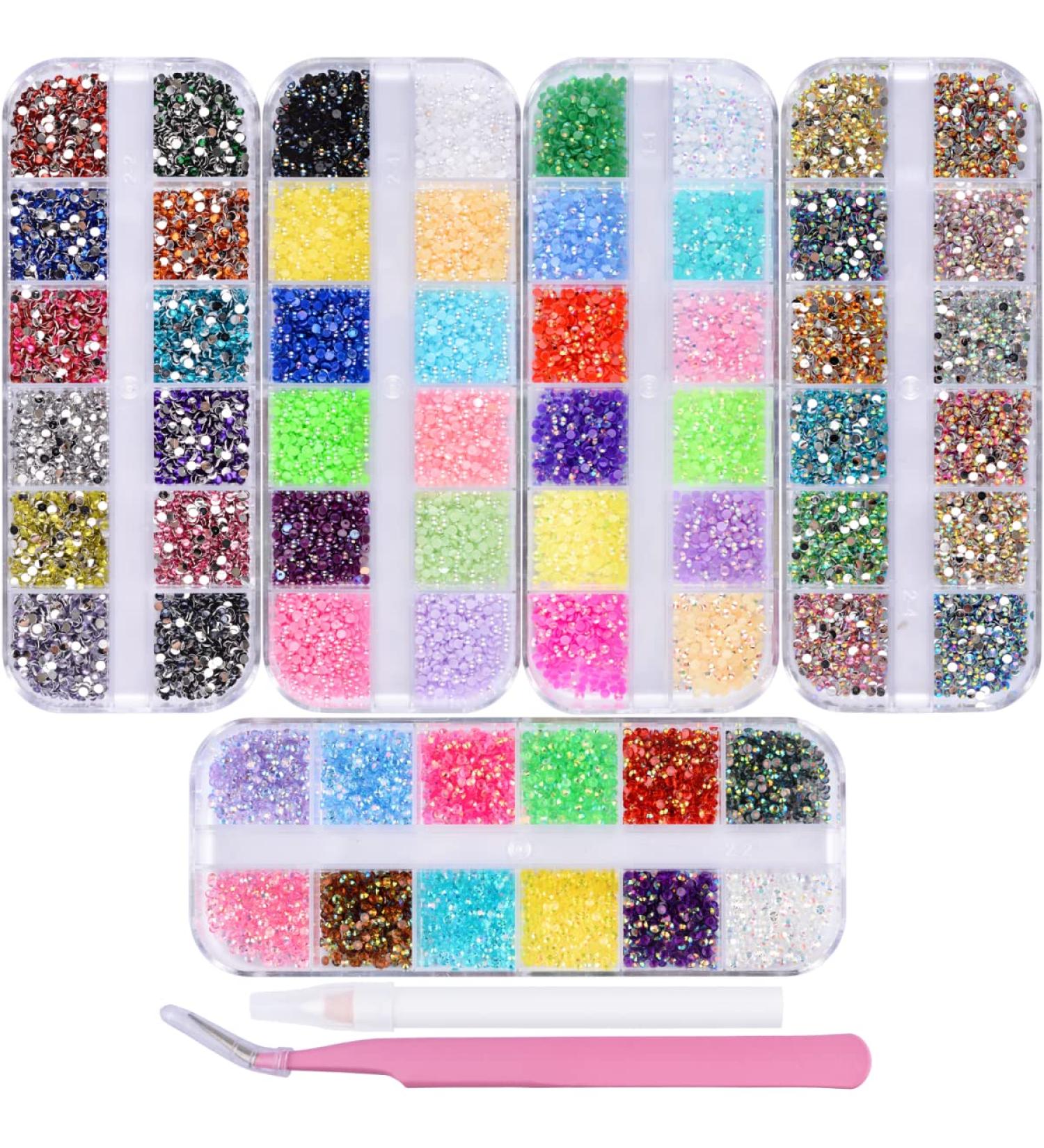 Buy 5 Boxes Shiny Colorful Nail Art Rhinestones Kit - AB Flatback Crystals Mermaid Pearls Gems with Pickup Pen & Curved Tweezer | International Shipping Available - Buy Online on GoSupps.com
