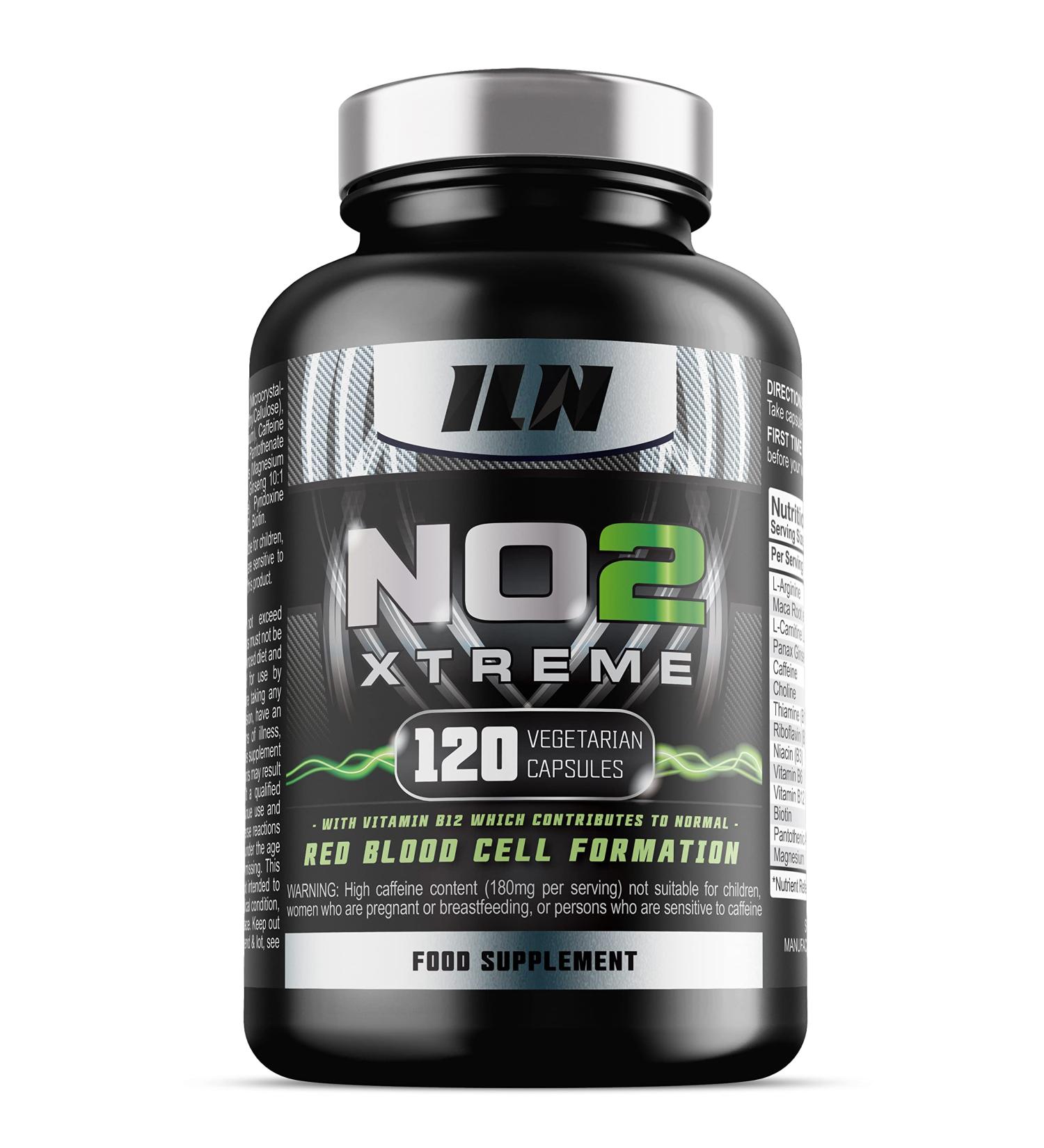 NO2 Xtreme Nitric Oxide Supplement - 120 Capsules Pre Workout Pump Tablets with L-Arginine, Niacin & Caffeine - Vegetarian & Vegan Friendly for Men and Women - Buy Online on GoSupps.com
