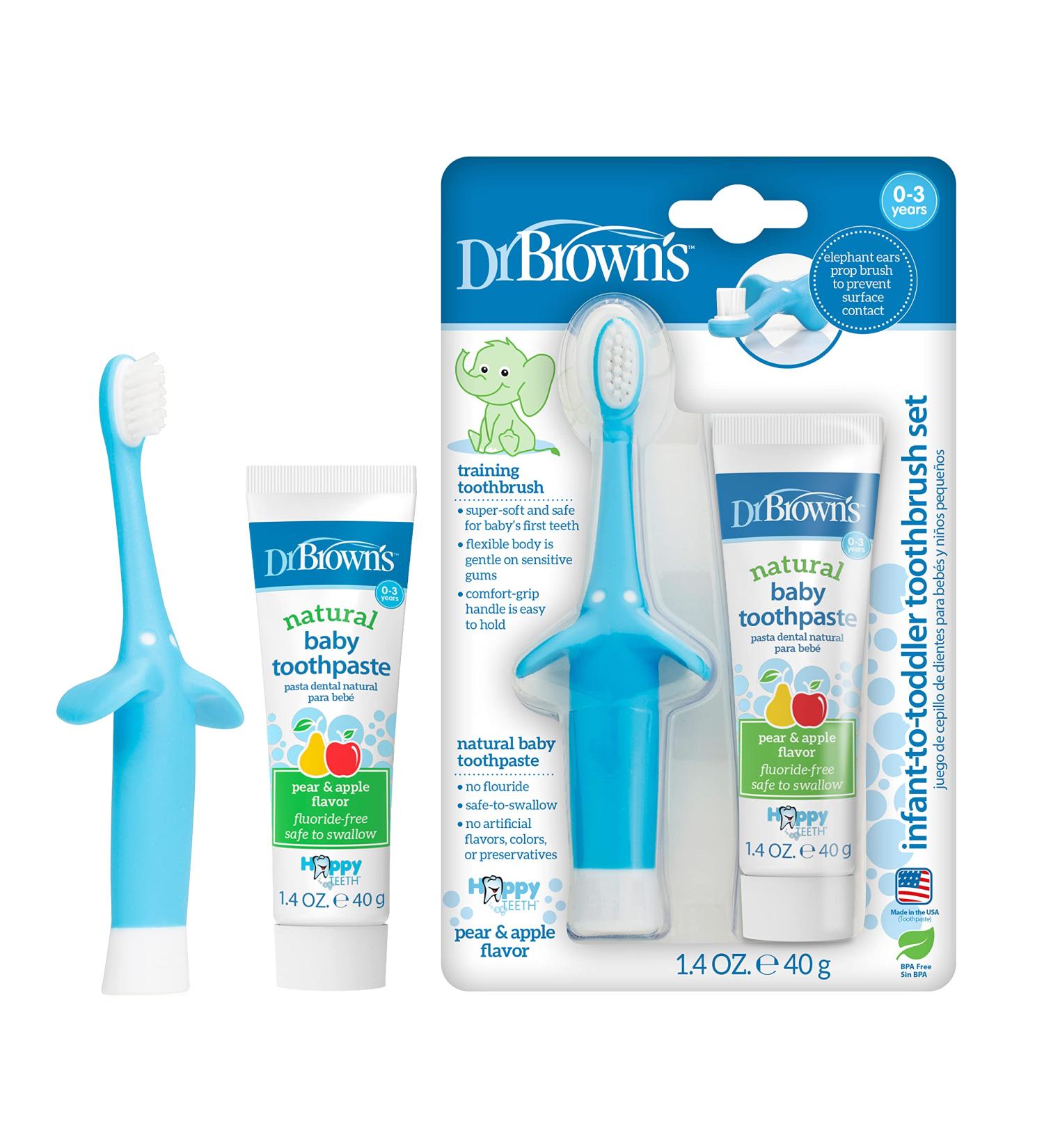 Dr. Brown's Infant to Toddler Toothbrush Set 0-3 Years - Blue, Real Pear & Apple Flavor, 2 Pieces - Buy Online on GoSupps.com