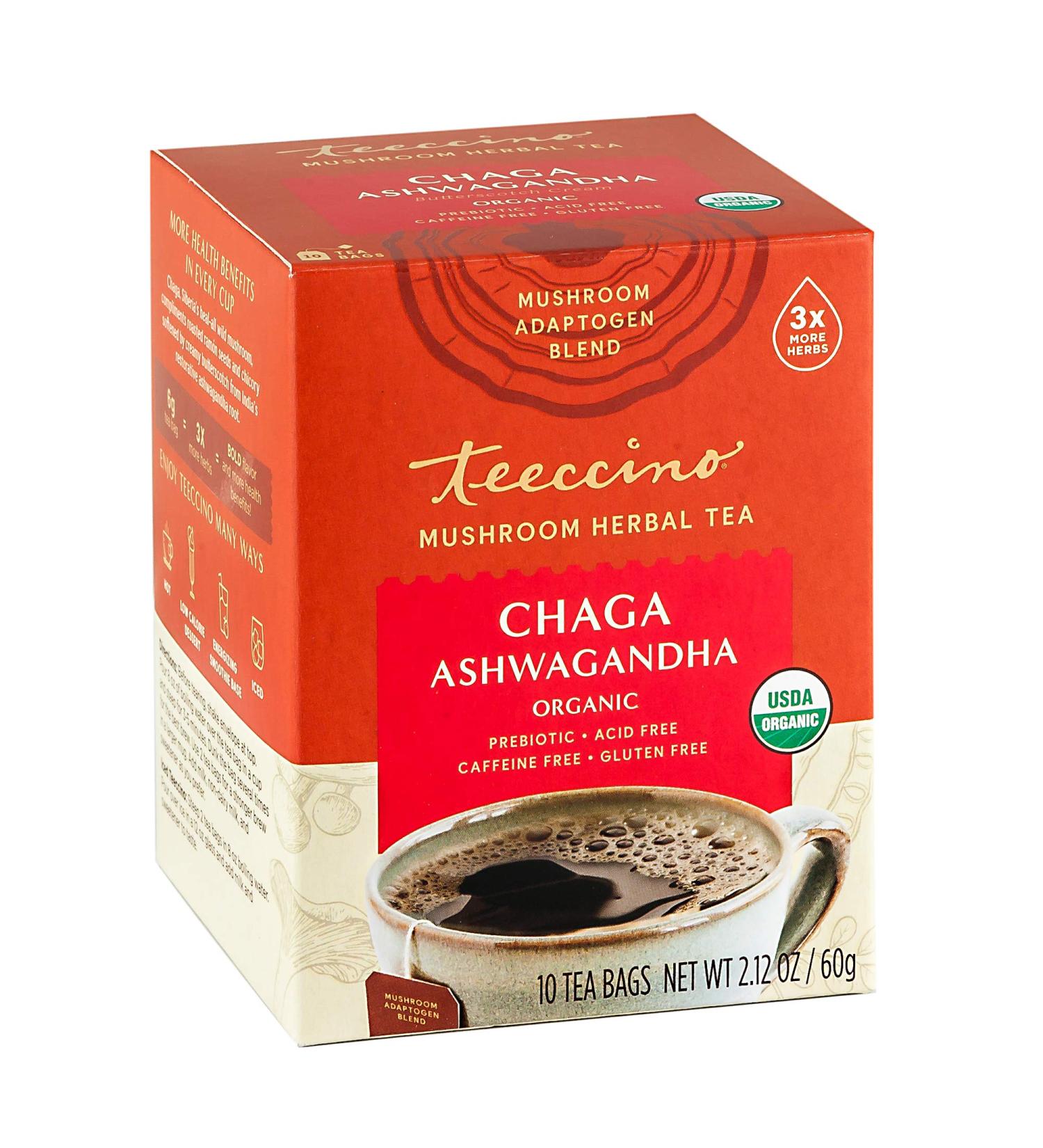 Buy Teeccino Organic Mushroom Herbal Tea - Chaga & Ashwagandha, Caffeine-Free, 10 Bags - Buy Online on GoSupps.com