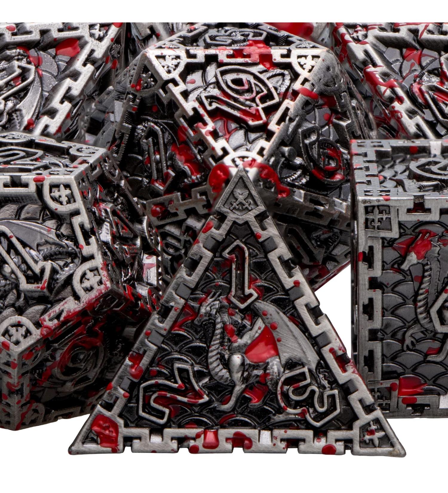 DND Metal Dice Set ARUOHHA Dungeons and Dragons Dice with Gift Box Polyhedral Dice Set Large D&D Dice for MTG Warhammer Pathfinder RPG D+D Roll Playing Dice 6 Sided D and D Dice D20 D12 D10 D8 D6 D4 Ancient Silver With Blood Splash - Buy Online on GoSupps.com