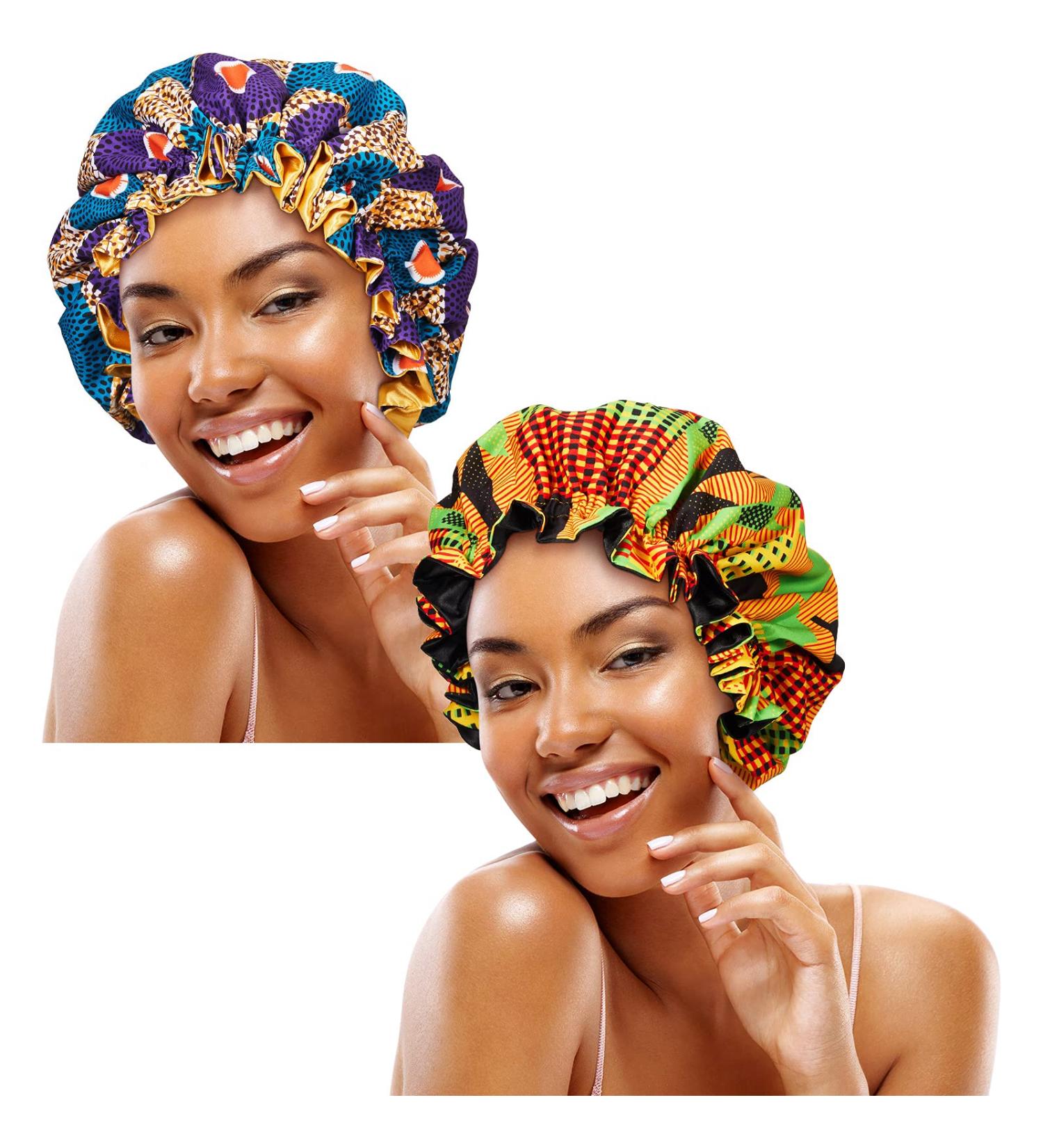2-Piece African Silky Satin Sleep Bonnet Set for Curly Hair | Adjustable Caps for Girls & Women | Retro Patterns | Black - Buy Online on GoSupps.com