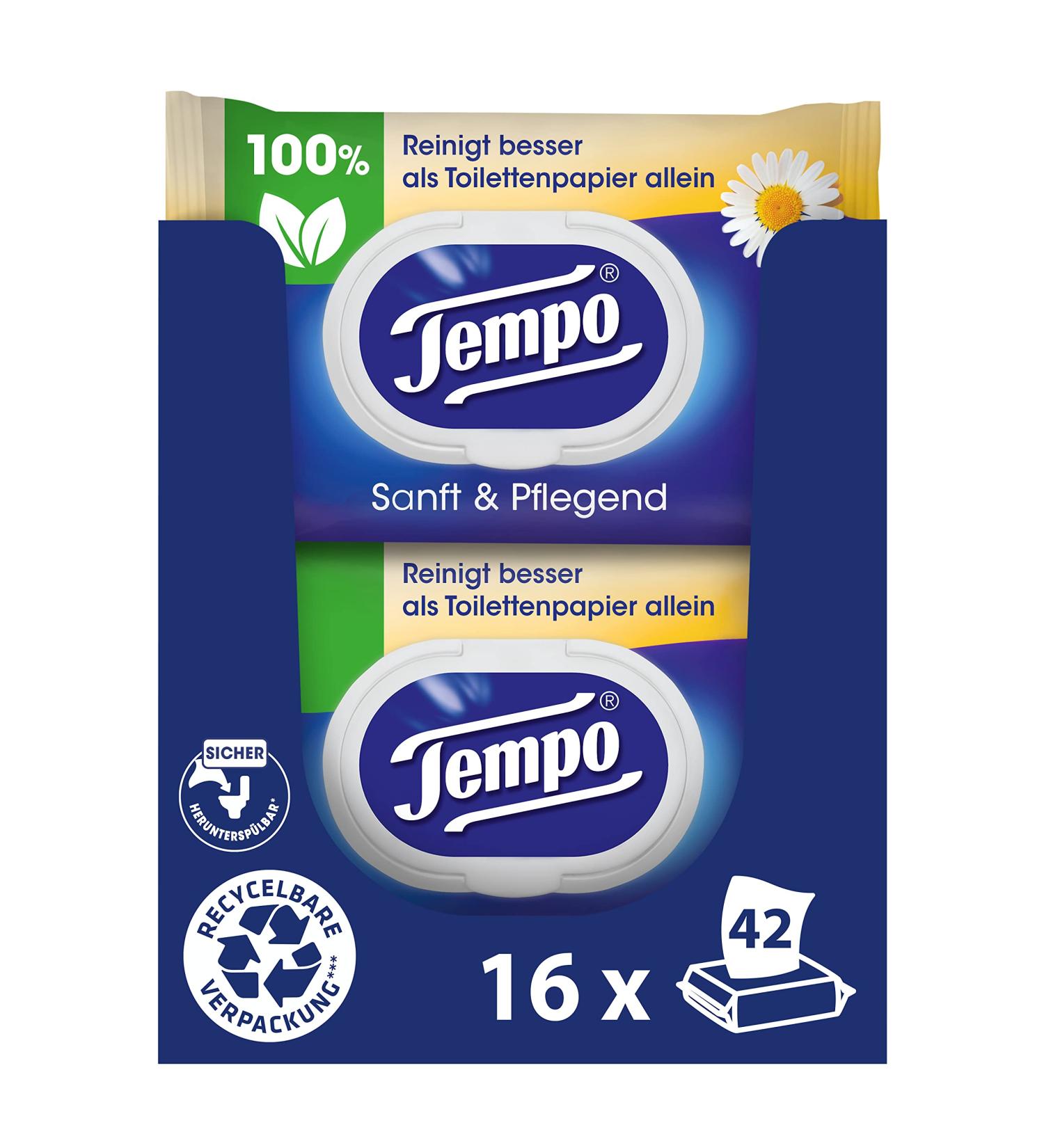 Tempo Moist Toilet Towels - Gentle & Caring - Megapack (16 Packs 42 Towels Each) - Natural Chamomile - Dermatologically Tested & pH-Neutral - International Shipping Available - Buy Online on GoSupps.com