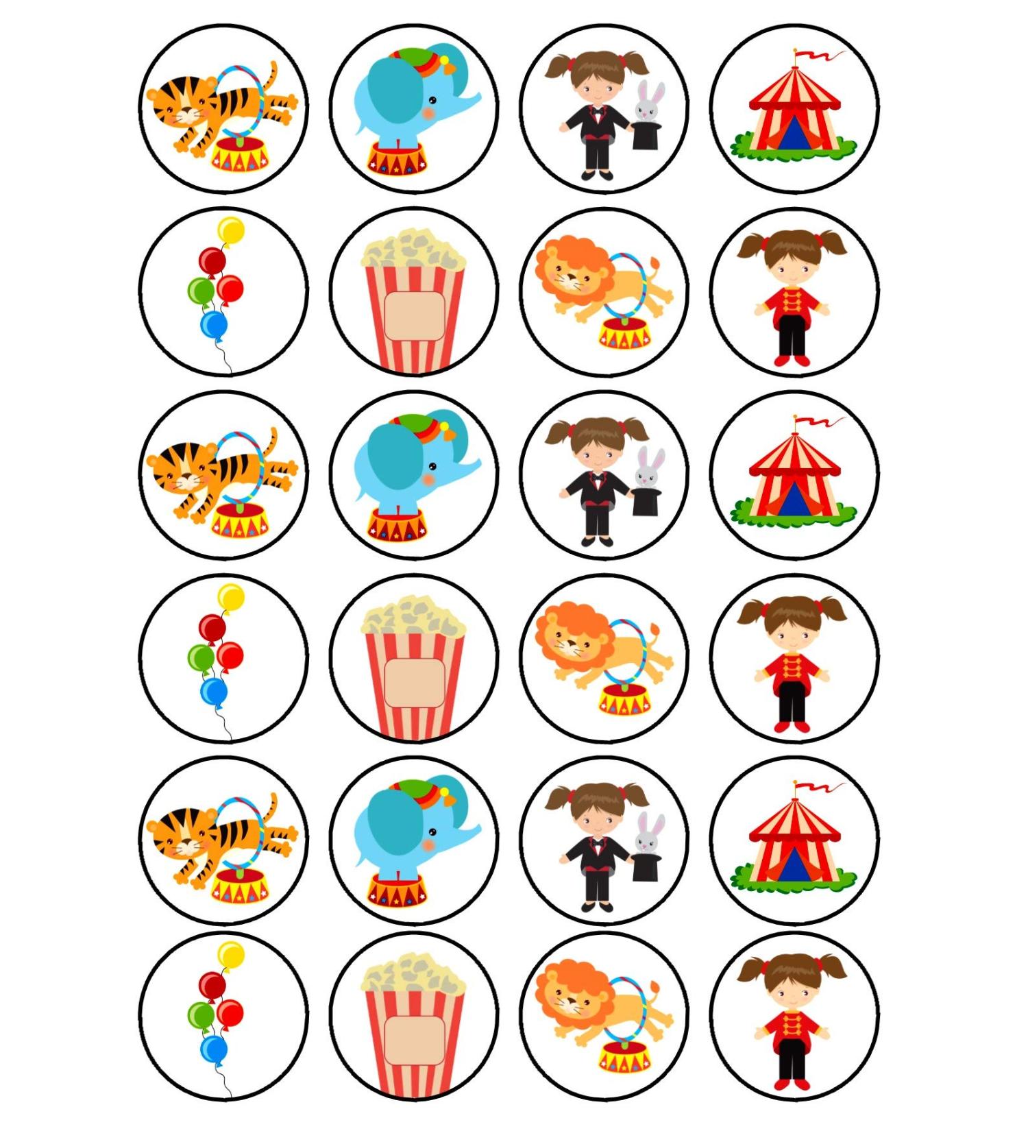 24 Circus Theme #2 Edible Cupcake Toppers - Stand Up Disc Wafer Cake Decorations