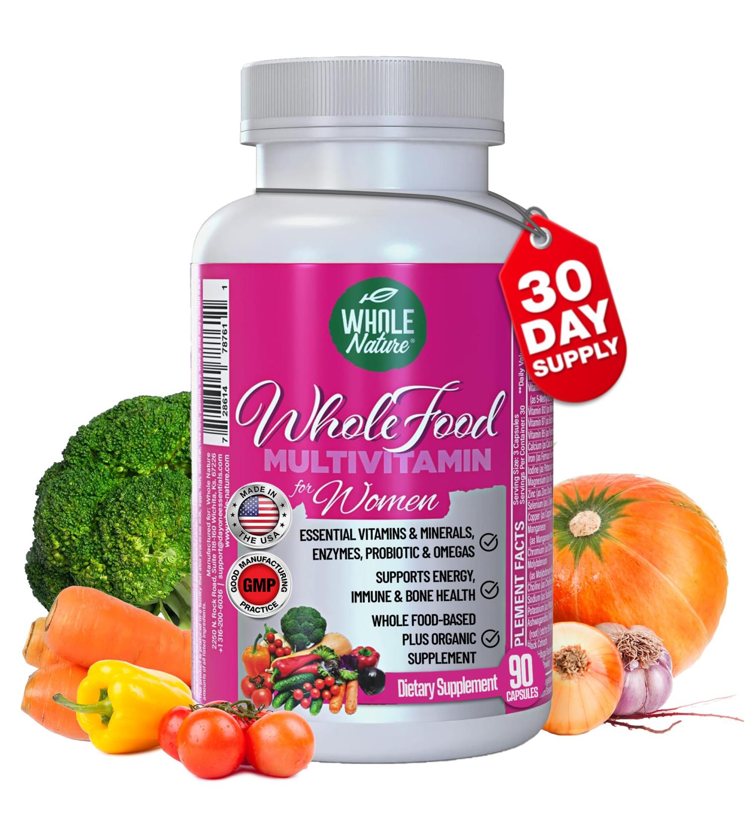 Whole Nature Whole Food Multivitamin for Women Womens Multi Vitamin with Folate B12 Methyl Vitamins Minerals Probiotics and Omegas Vegan Non GMO- 90 Capsules (1) (1) - Buy Online on GoSupps.com