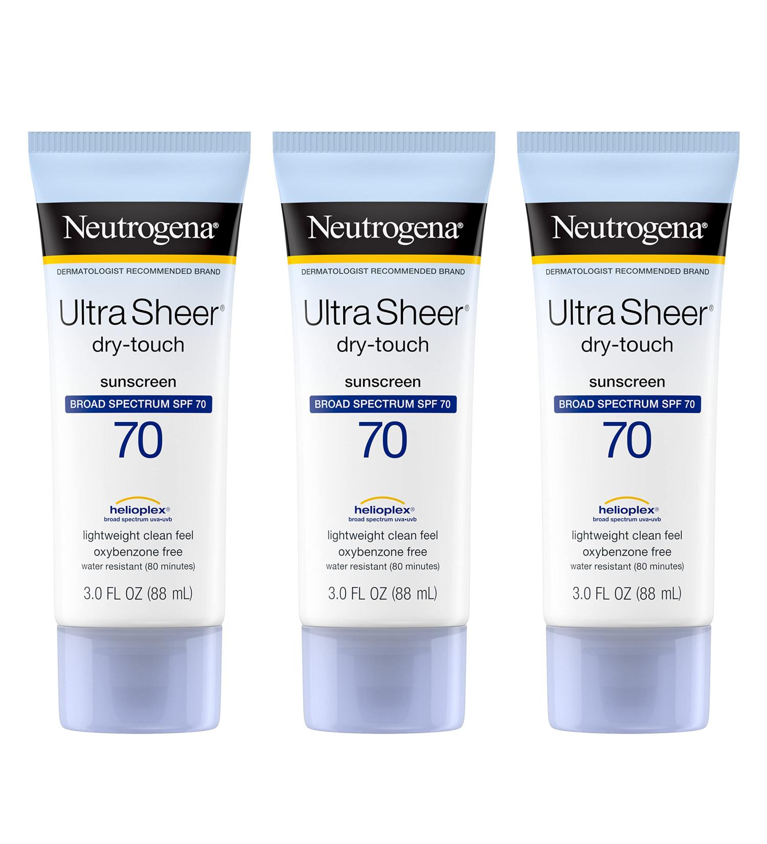 Neutrogena Ultra Sheer SPF 70 Sunscreen Lotion 3 fl oz (Pack of 3) | UVA/UVB Protection | Lightweight, Water Resistant, Non-Comedogenic - Buy Online on GoSupps.com