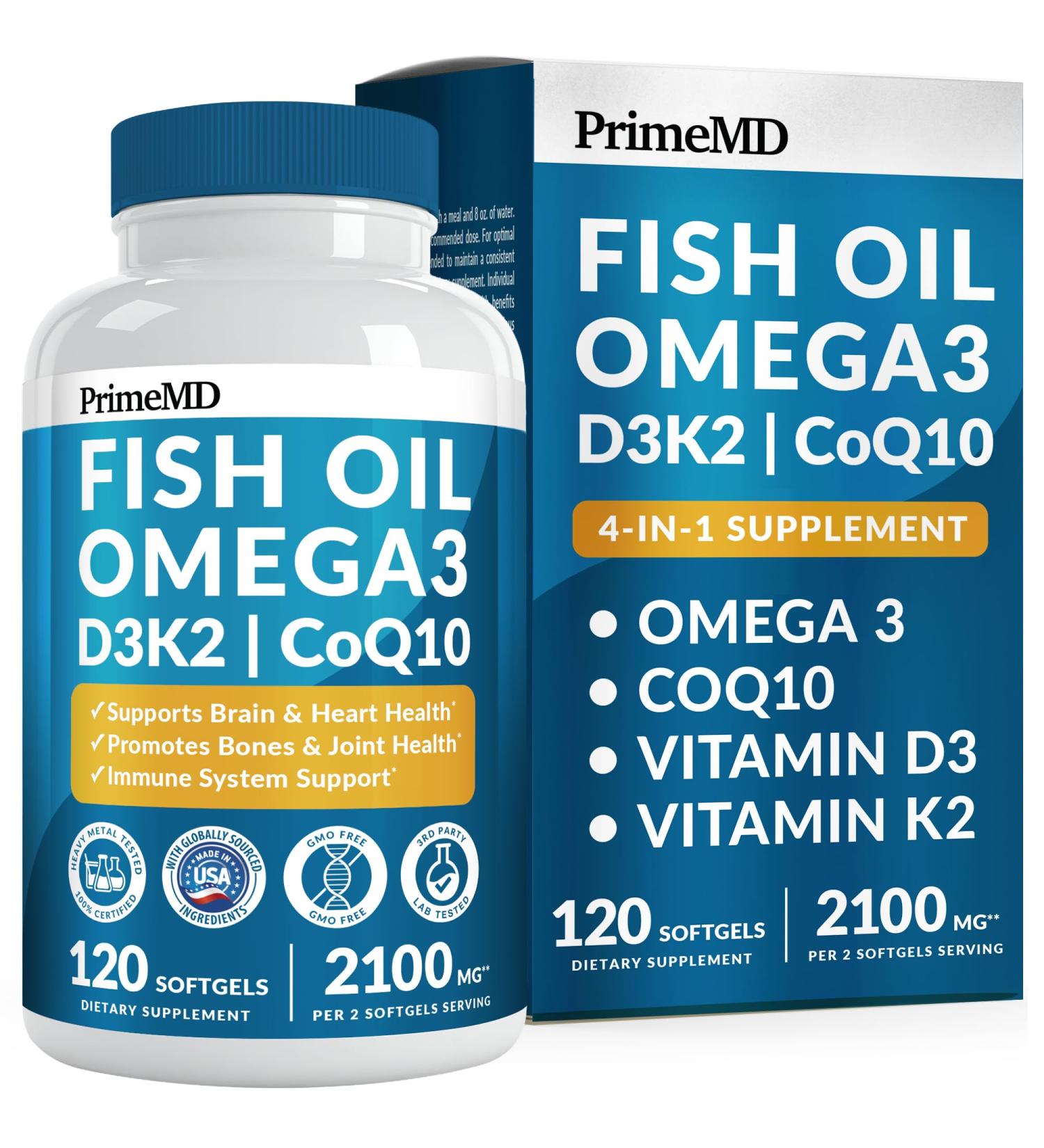 4-in-1 Fish Oil Omega 3 Fatty Supplements (2100mg) - Omega 3 Fish Oil with Vitamins D3 K2 and CoQ10 - Lemon Flavored (120 softgels) 120 Count (Pack of 1) - Buy Online on GoSupps.com