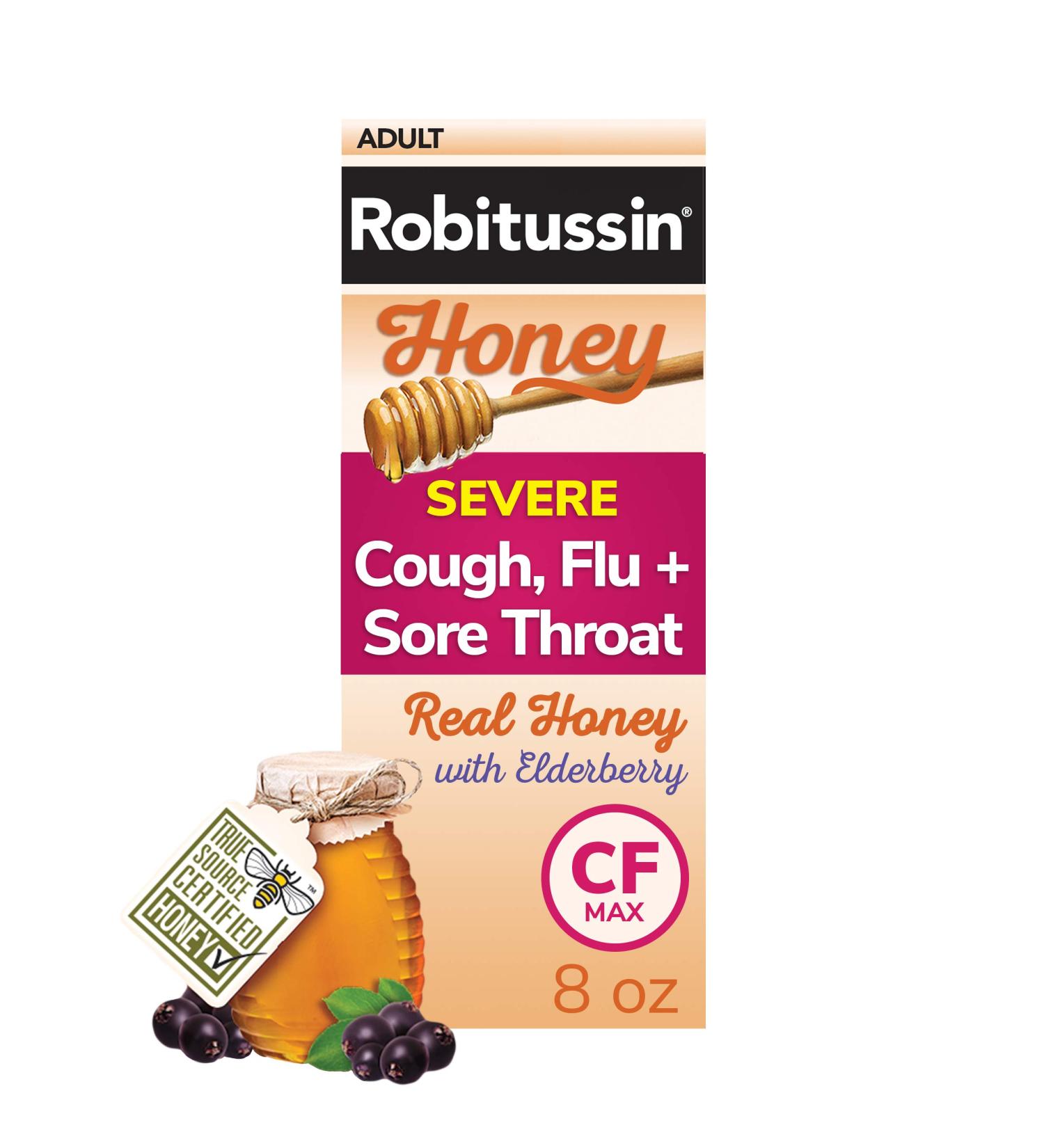 Robitussin Honey CF Max Day Adult Syrup - 8 oz | Severe Cough, Sore Throat & Flu Relief with Real Honey - Buy Online on GoSupps.com