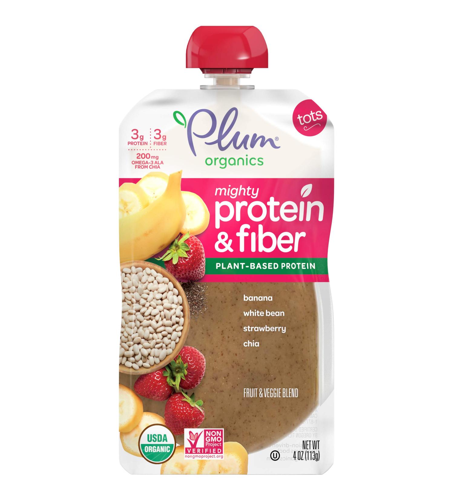 Plum Organics Baby Food Pouch | Mighty Protein & Fiber | Banana White Bean Strawberry Chia | 12 Pack, 4 oz | Organic Squeeze for Babies, Kids, Toddlers - Buy Online on GoSupps.com