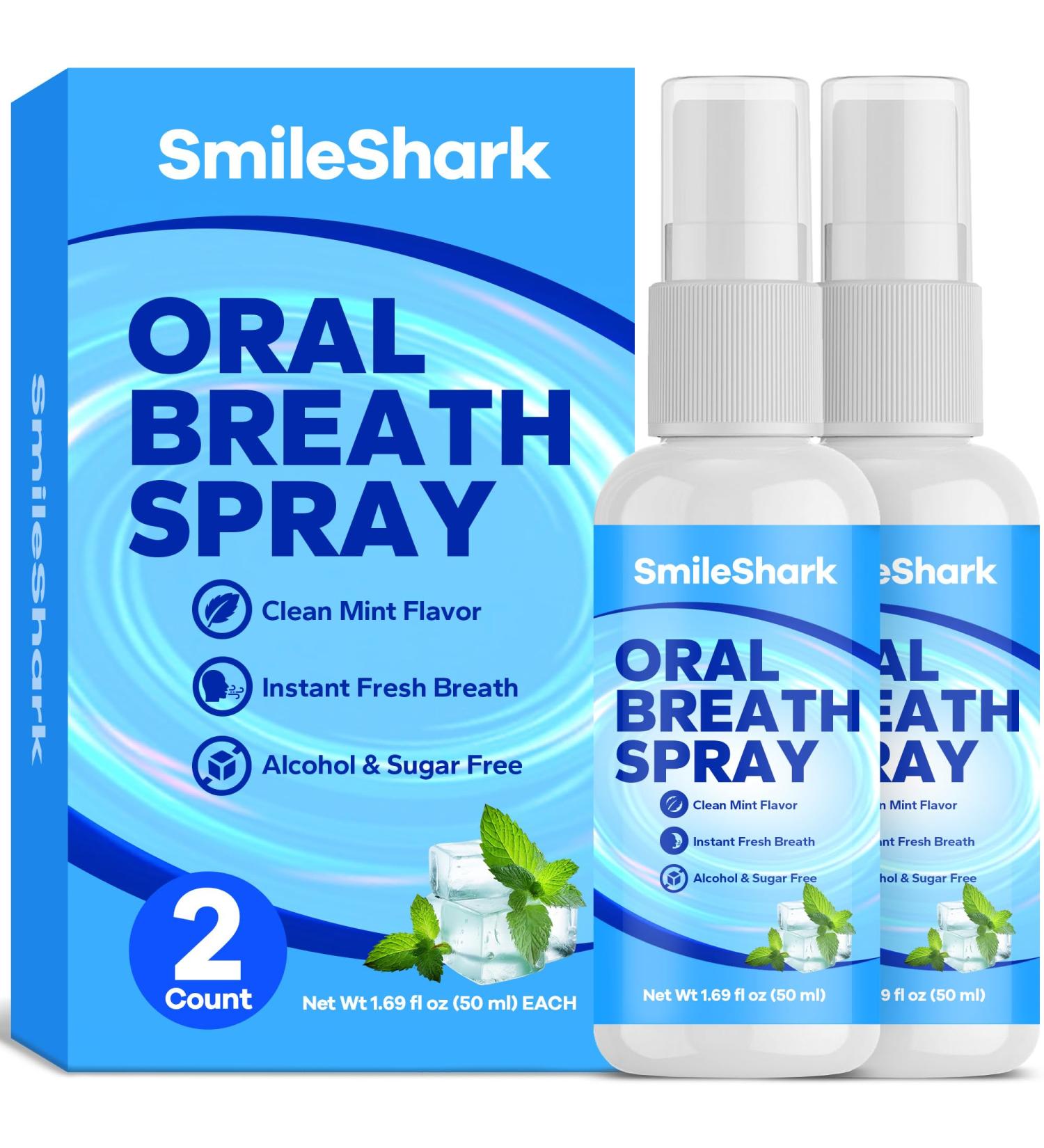 SmileShark Fresh Breath Spray (2 Pack) Mouth Moisturizer for Dry Mouth Long Lasting Mint Flavor 1.69 oz Travel Size Alcohol-Free & Sugar Free Natural Ingredients for Bad Breath Instant Fresh - Buy Online on GoSupps.com