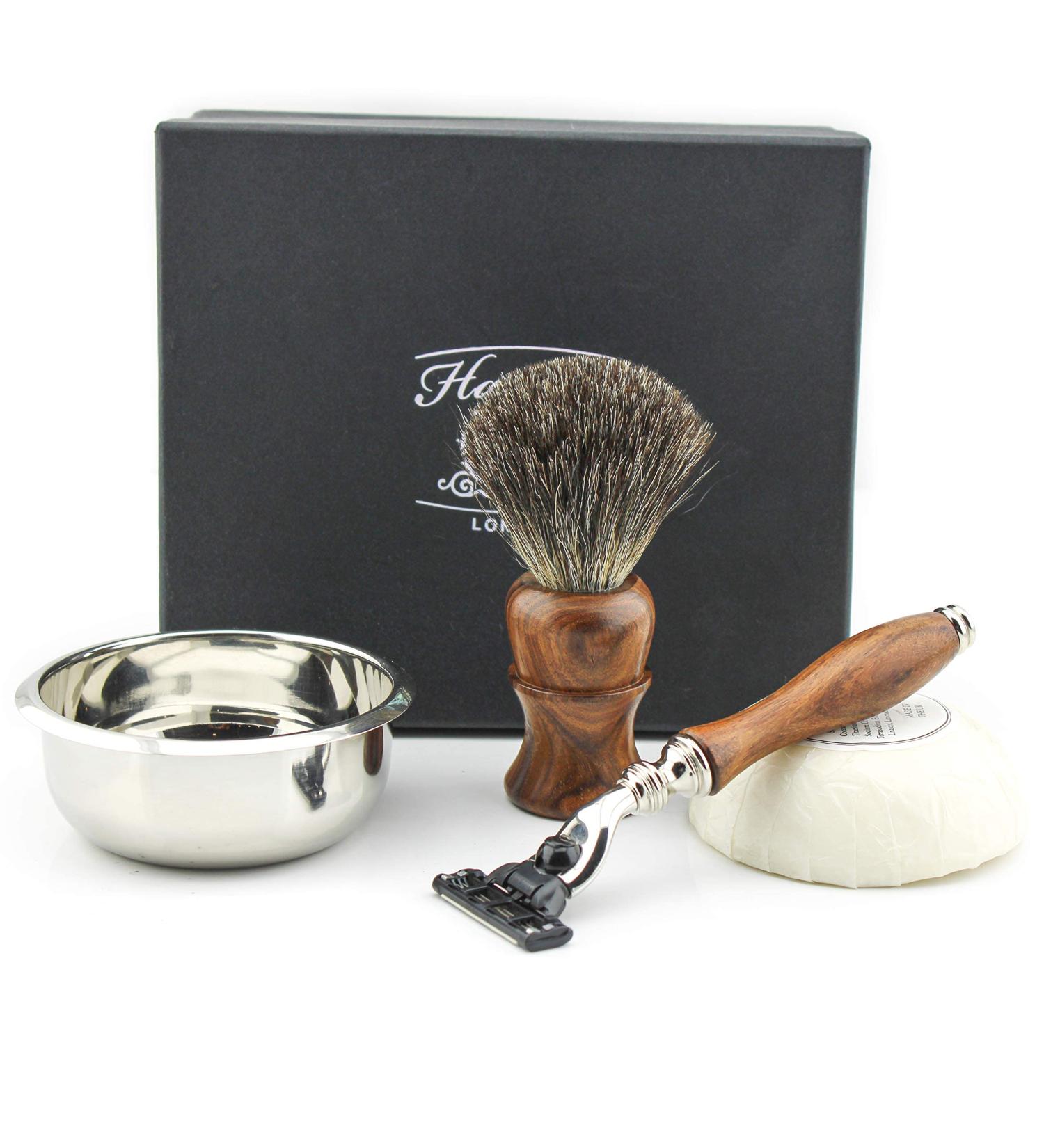 Men's Shaving Set - Wooden Razor & Brush Stainless Steel Bowl | Best Traditional Wet Shaving Kit for Christmas - Buy Online on GoSupps.com