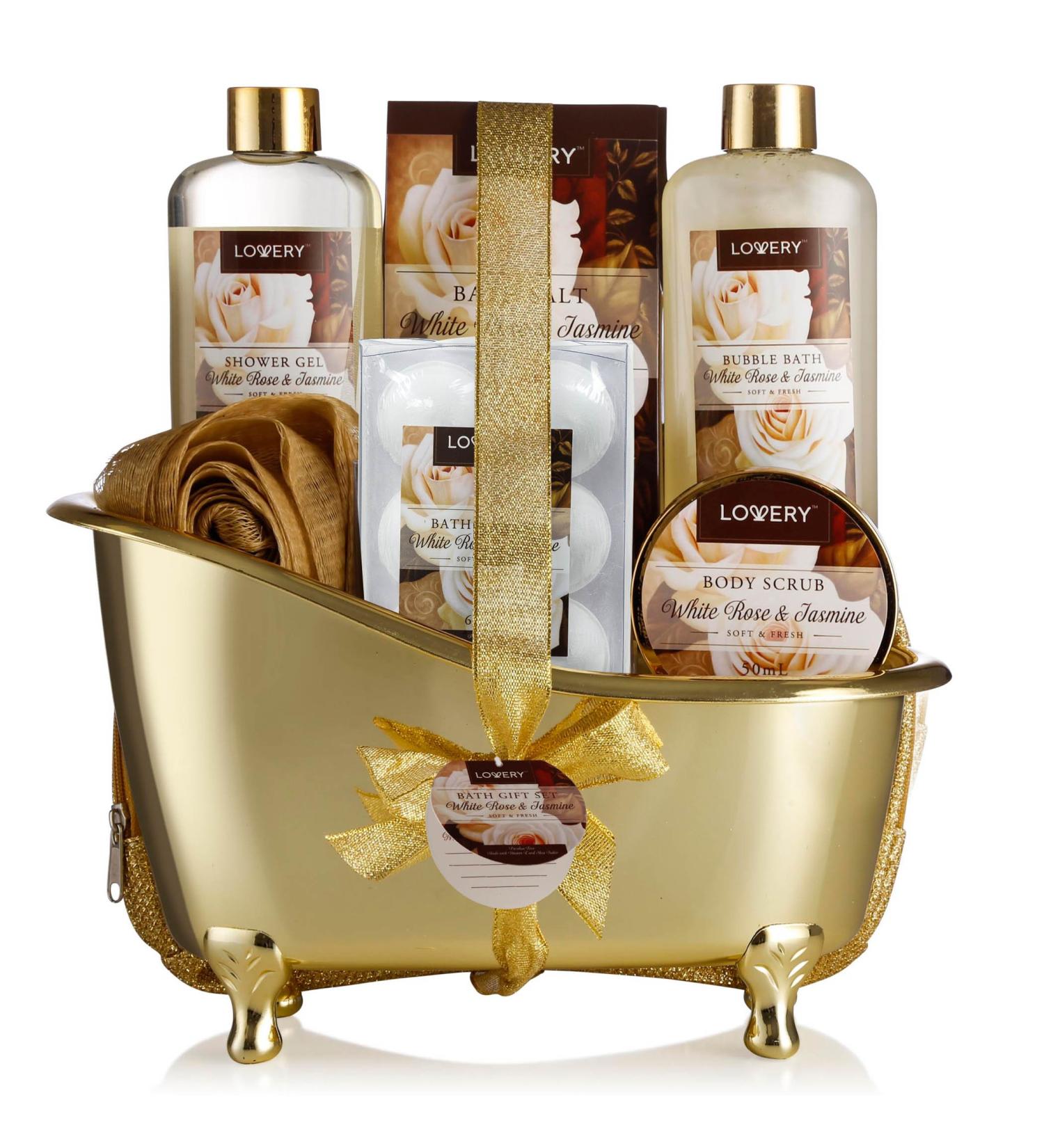 Fathers Day Luxury Home Spa Gift Basket - White Rose & Jasmine Scent - 13 Piece Bath & Body Set for Men & Women - Shower Gel, Bubble Bath, Body Scrub, Salts, 6 Bath Bombs, Pouf, Cosmetic Bag & Gold Tub - Buy Online on GoSupps.com