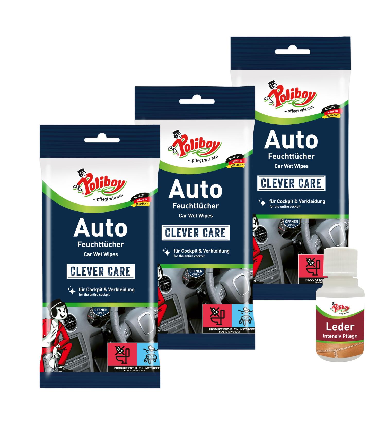 Poliboy Auto Wet wipes - dust towels for cockpit and cladding - universal car system towels - 3x 20 towels - with product sample - Made in Germany Auto 4 -part set