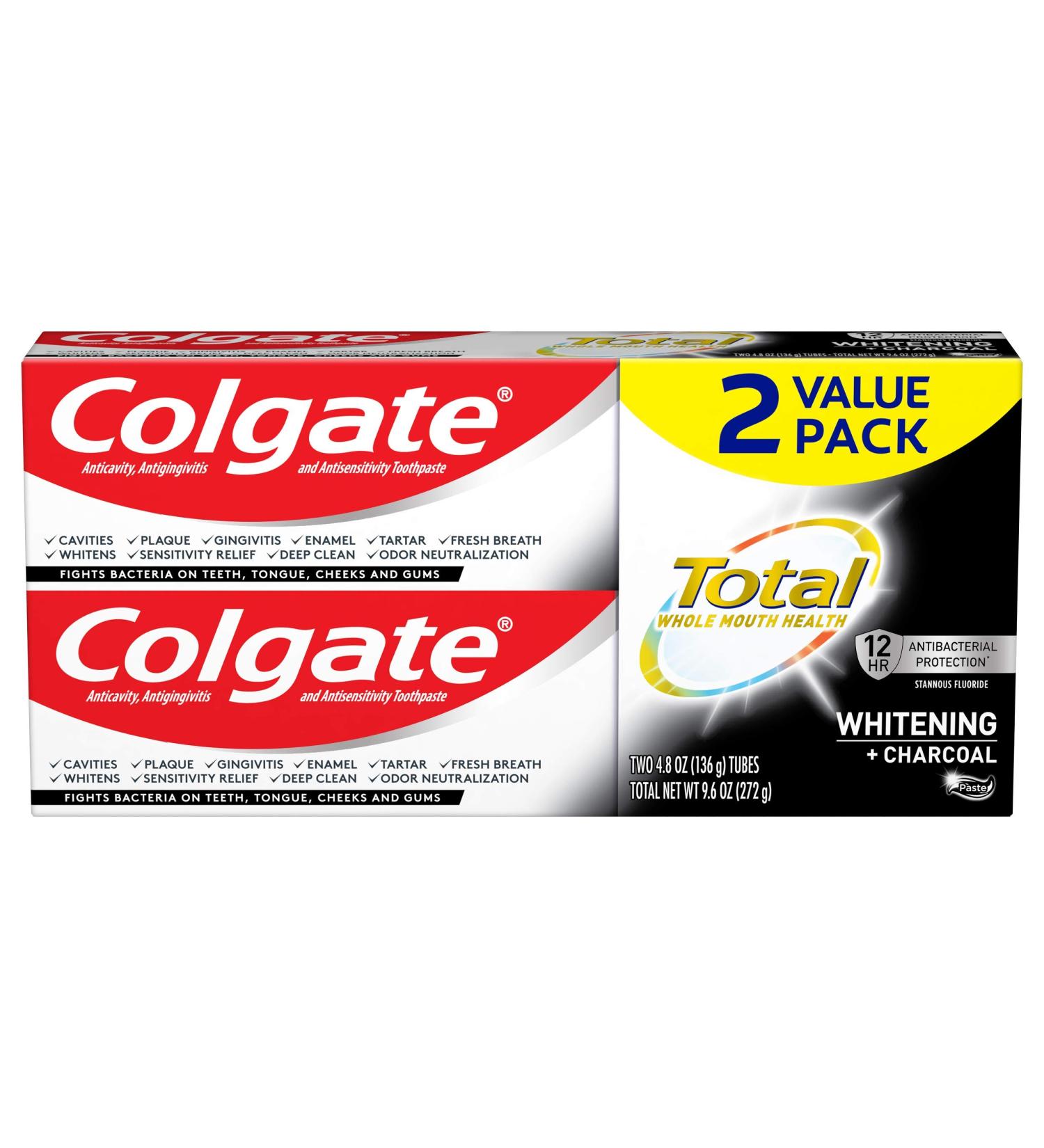 Colgate Total Whitening + Charcoal Toothpaste 4.8 oz Tube 2 Pack - 10 Benefits, Sensitivity Relief, Teeth Whitening - Buy Online on GoSupps.com
