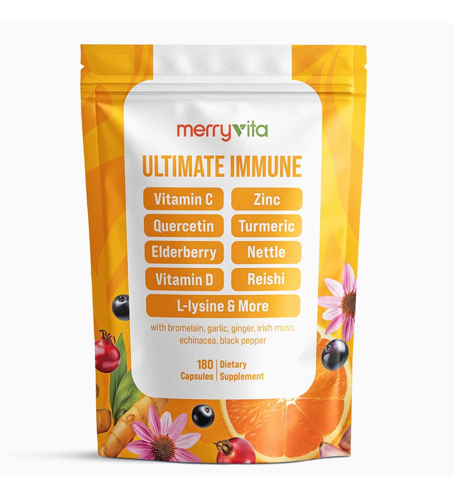 MERRY VITA Liposomal Vitamin C 1000mg - Immune Support Supplement with Zinc, Rose Hips, Elderberry, Quercetin, Bioflavonoids - Natural, Vegan, Non-GMO - 180 Capsules - Buy Online on GoSupps.com