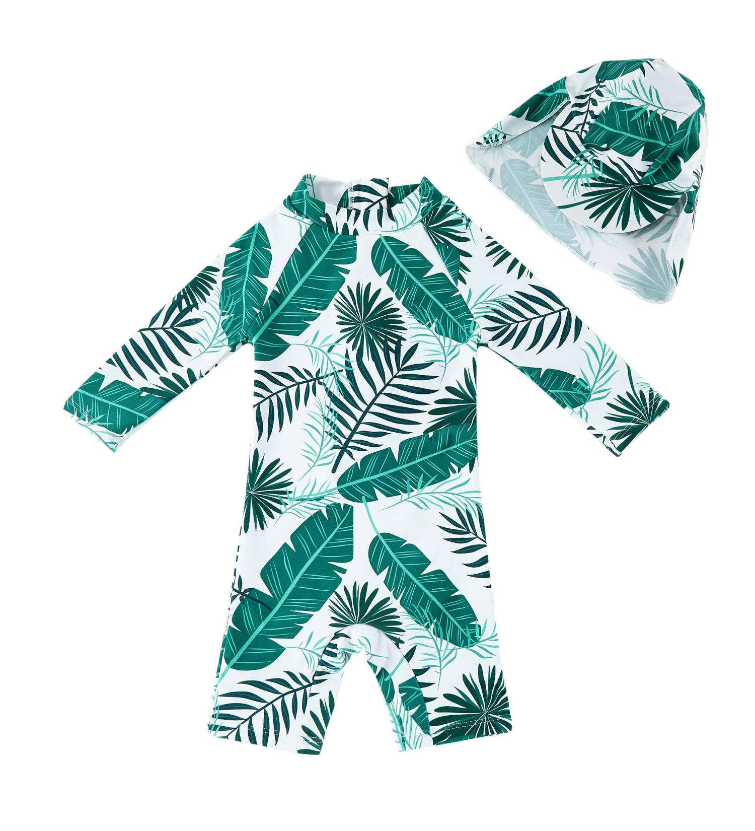 UPF 50+ Baby Boy Swimwear Set with Sun Hat | Infant One Piece Zip Swimsuit for Sun Protection | Toddler Bathing Suit 3-6 Months Leaf - Buy Online on GoSupps.com