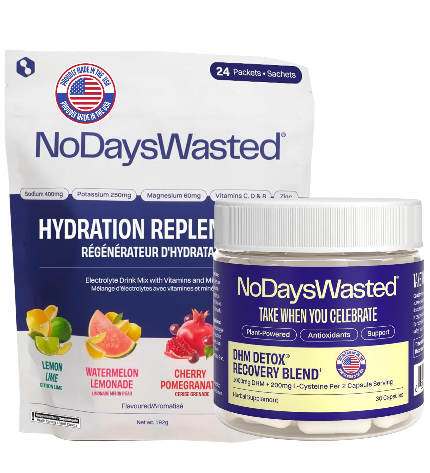 No Days Wasted DHM Detox 15 Servings (30 Capsules) - Dihydromyricetin (DHM Supplement) with Hydration Replenisher Electrolyte Replacement Stick Packets