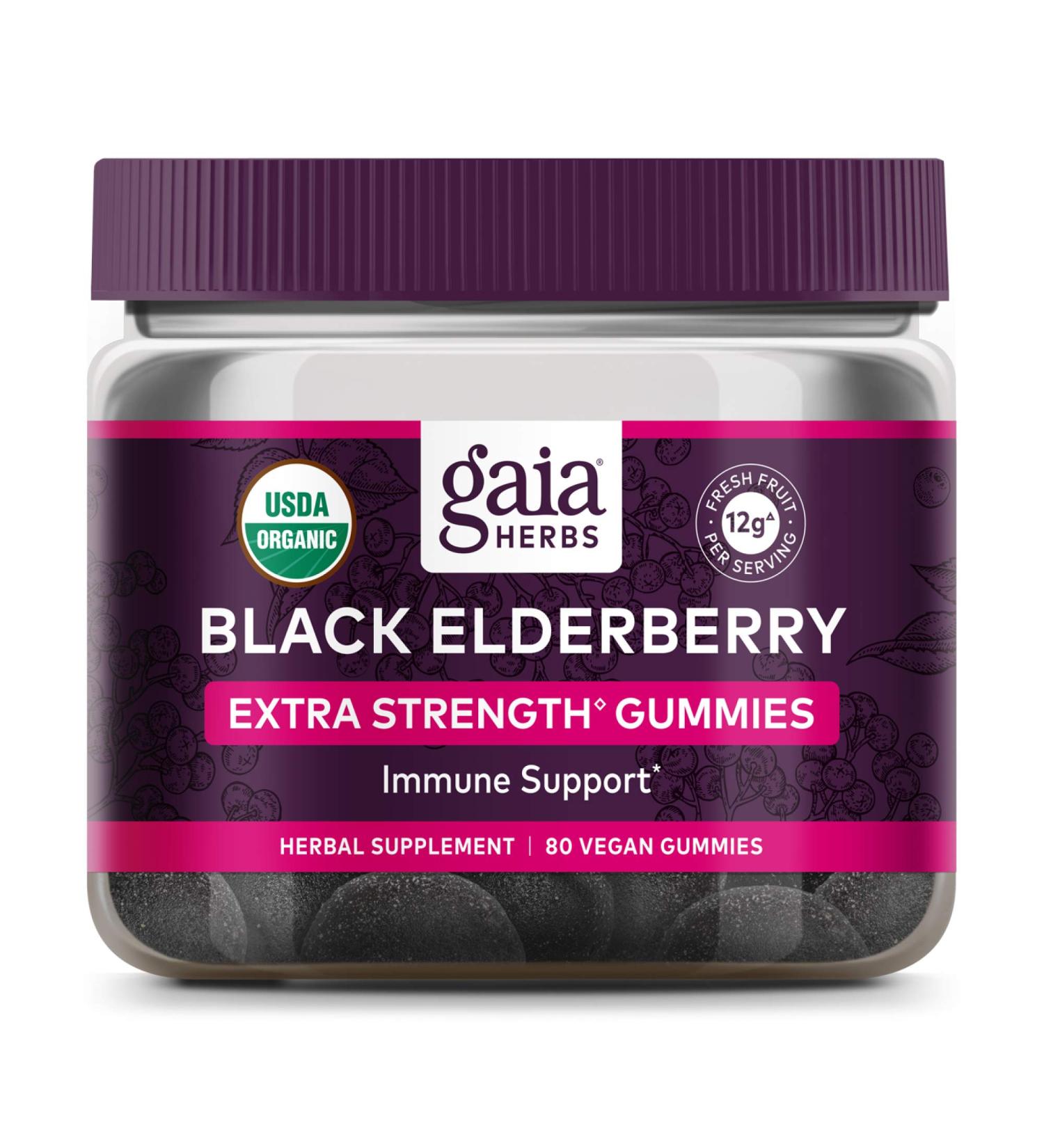 Gaia Herbs Black Elderberry Gummies | Extra Strength Immune Support | 80 Vegan Gummies - Buy Online on GoSupps.com