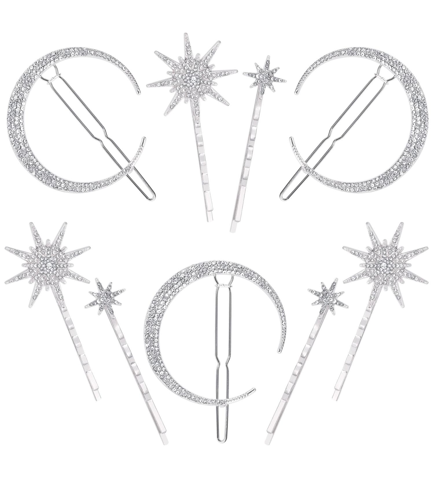 Moon Hair Clips Rhinestone Hair Clips Metal Star Geometric Golden Snowflake for Women Girls Combing Silver 9 Pieces - Buy Online on GoSupps.com