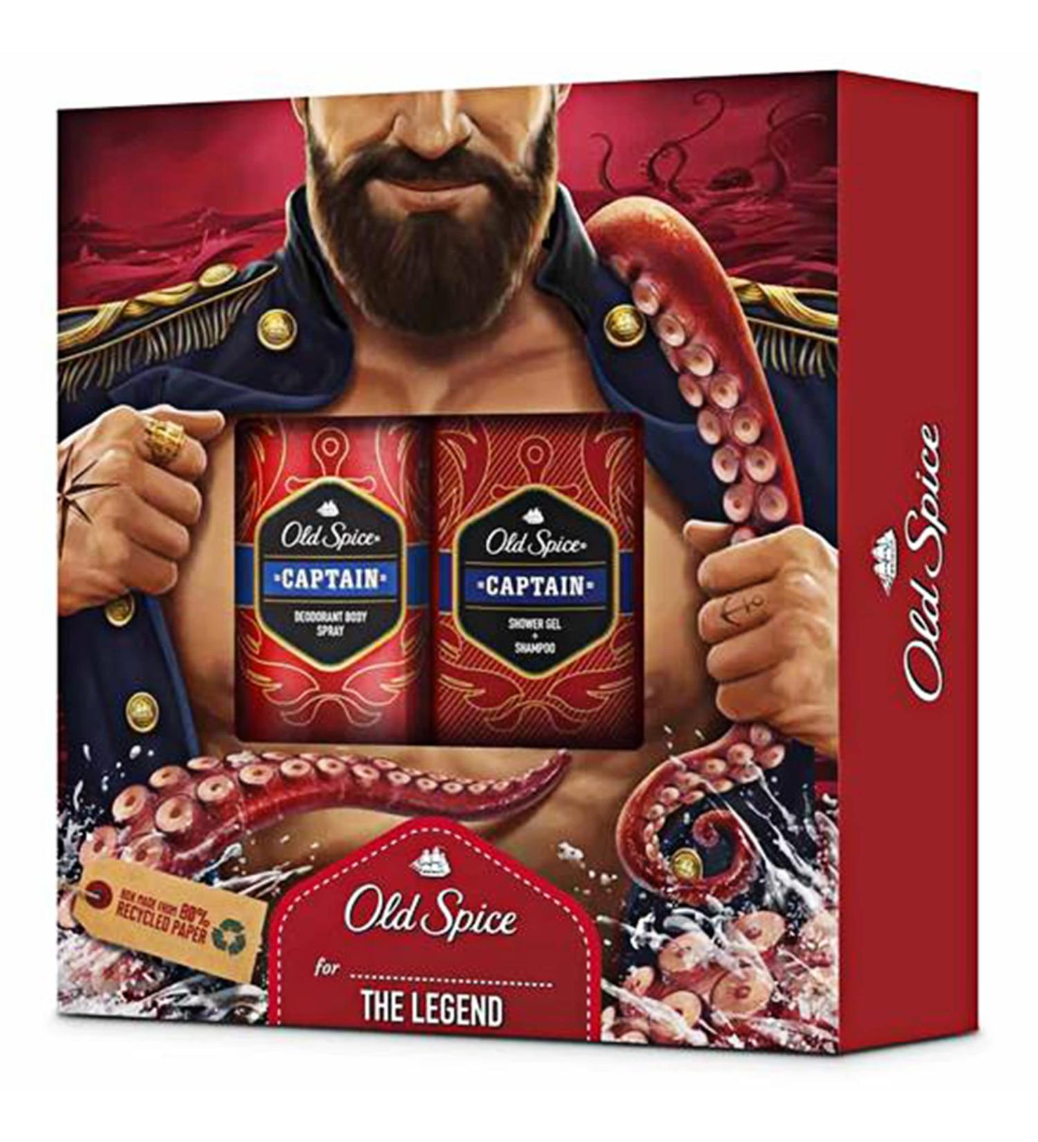 Old Spice Father's Day Gift Set, Dark Captain Gift Set Includes Deodorant Body Spray and 2 in 1 Shower Gel and Shampoo for Him Dad Fathers Man Boyfriend Captian