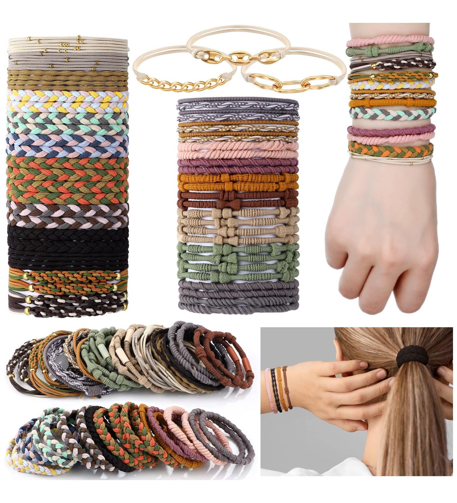 57 Pcs Boho Hair Tie Bracelets - Elastic Retro Ponytail Holders for Women | Thick and Thin Hair Bands - Buy Online on GoSupps.com
