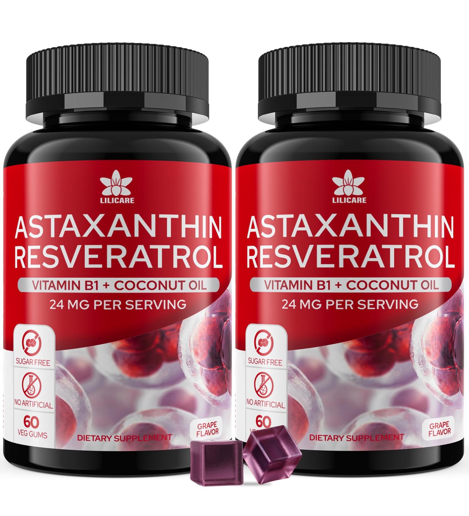 Astaxanthin Supplements 24mg Gummies with Resveratrol Vitamin B1 Coconut Oil - Algae Organic Antioxidants for Men & Women Healthy Aging Skin Eyes Immune - Vegan Sugar-Free Non-GMO 120 Servings 60 Count (Pack of 2) - Buy Online on GoSupps.com