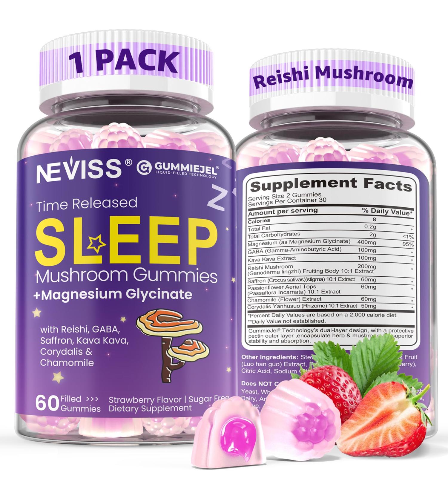 NEVISS Reishi Mushroom Sleep Gummies - Melatonin Free Sleep Gummies for Adult | Reishi, Saffron, Magnesium, GABA & Chamomile - Non-Habit Forming, Help for Deep Relaxation - Vegan, Berry Flavor, 1Pack - Buy Online on GoSupps.com