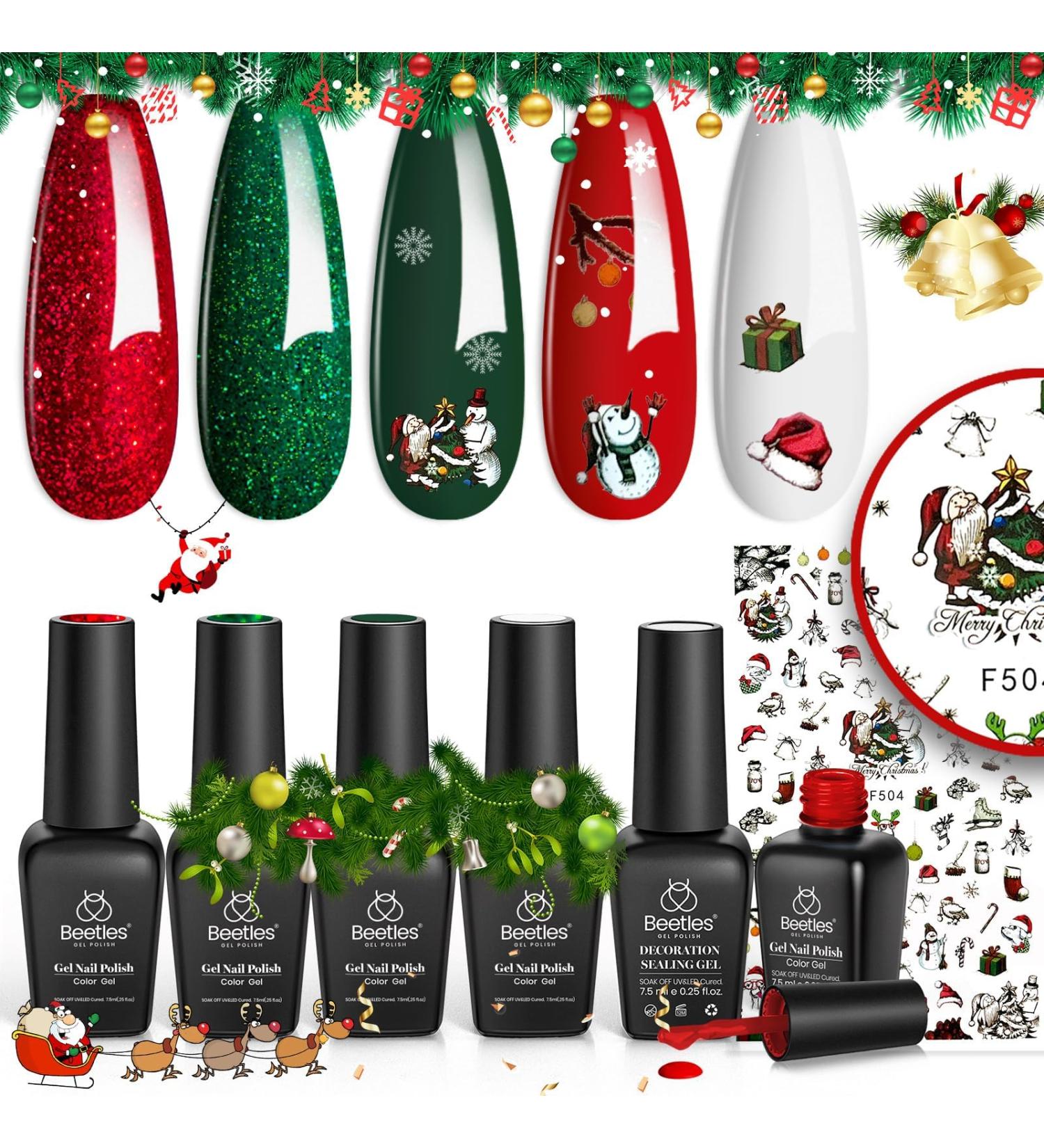 Beetles Christmas Gel Nail Polish Set - Festive 5 Colors Sparkle Red Green Gel Manicure Kit with Nail Strengthener, Stickers - Perfect Holiday Gift for Women - Buy Online on GoSupps.com
