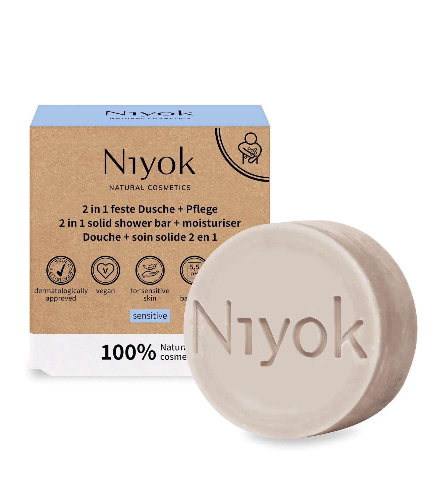  Niyok Niyok Solid shower and care 2 in 1 - solid shower gel without palm oil - pH 5.5 skin neutral - free from vegan plastic - as organic shower soap - natural cosmetics - moisturises - sensitive (80 g) - Buy Online on GoSupps.com