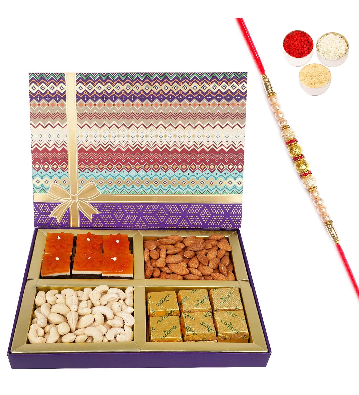 Jaiccha Ghasitaram Rakhi Gifts for Brothers Fruit n Nut Dryfruit Box with Mango and MEWA Bites 500 GMS with Pearl Rakhi Dryfruit Box with Mango & MEWA Bites with Rakhi - Buy Online on GoSupps.com