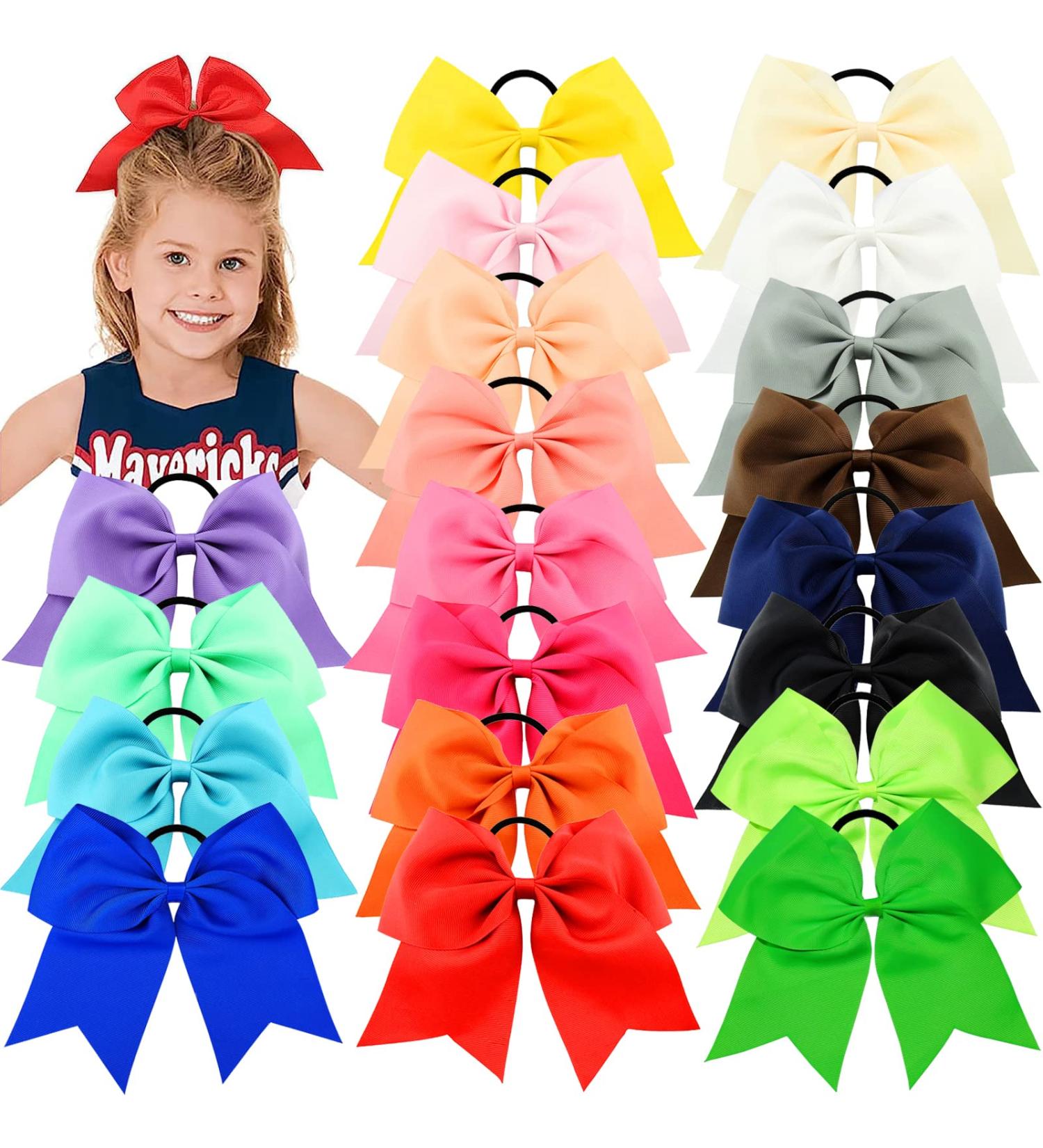 WillingTee 20Pcs 8 Large Cheer Bows - Grosgrain Ribbon Elastic Hair Bands for Girls, Teens, and Cheerleaders - Buy Online on GoSupps.com