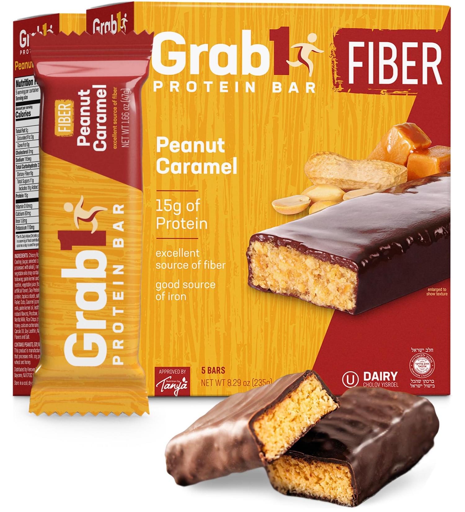 Grab1 High Fiber Protein Bars | 9 Grams Fiber | 10 Grams Protein | Peanut Caramel Flavor (2 Pack - 10 Bars) Controls Hunger | Delicious Tasting (For Real!) | Lower Net Carbs | Low Calorie | Certified Kosher Peanut Caramel 5  - Buy Online on GoSupps.com