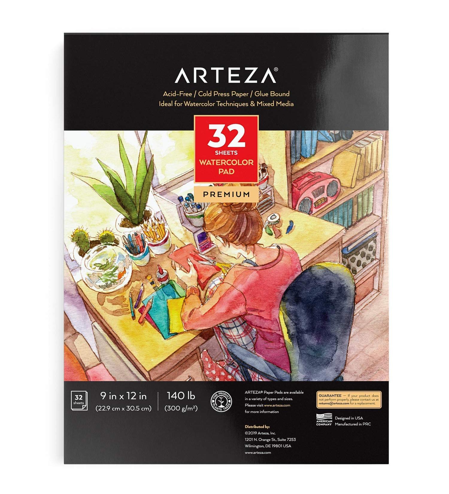Arteza 9x12 Watercolor Pad - 32 Sheets, Cold Pressed, 140lb/300gsm, Acid-Free Paper for Wet, Dry & Mixed Media - Art Supplies - Buy Online on GoSupps.com