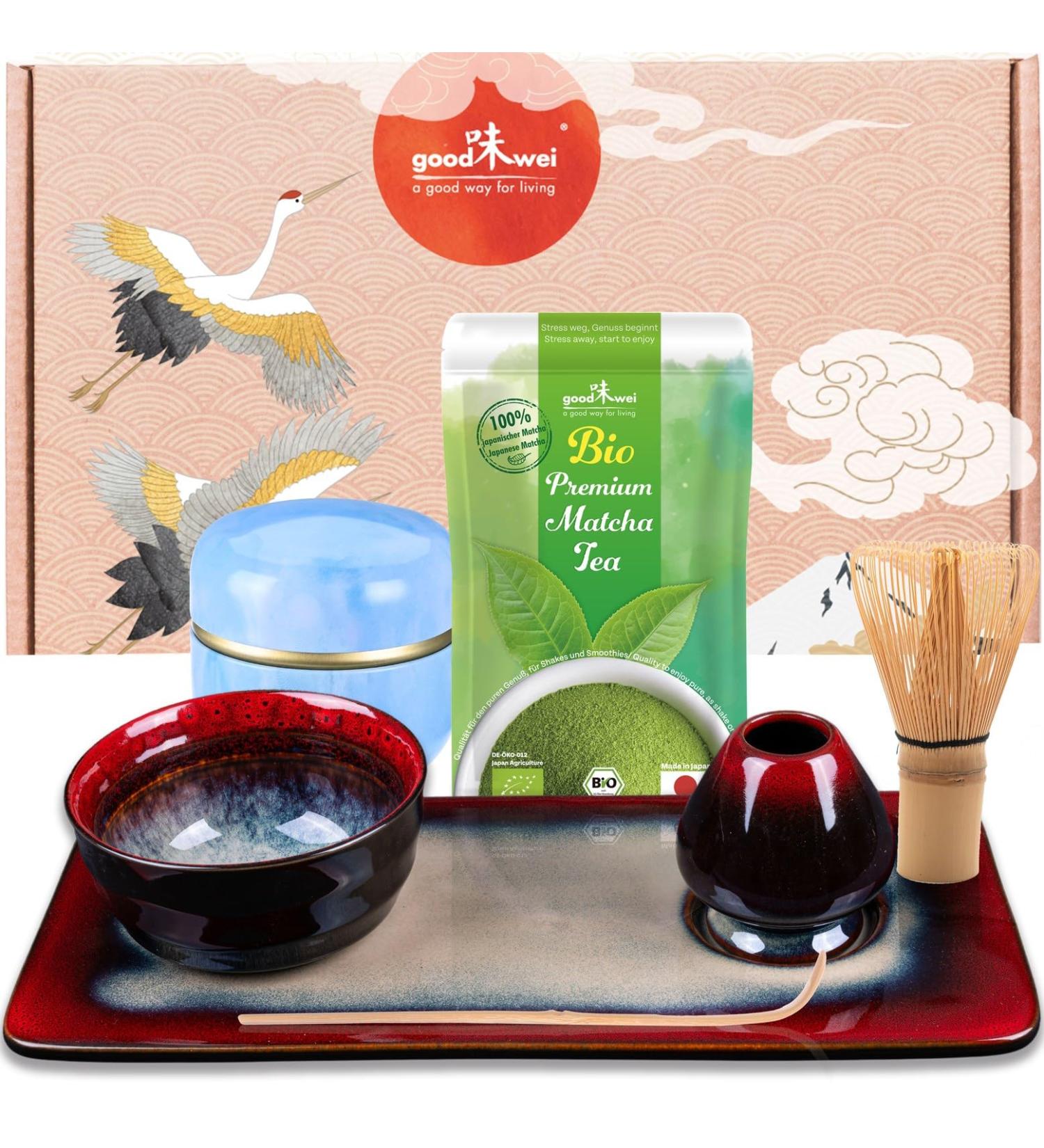 Goodwei Ensemble Th Matcha pour c r monie du th japonaise Bol matcha porte-balai et plateau th au design assorti avec v ritable matcha BIO du Japon (Rouge) - Buy Online on GoSupps.com