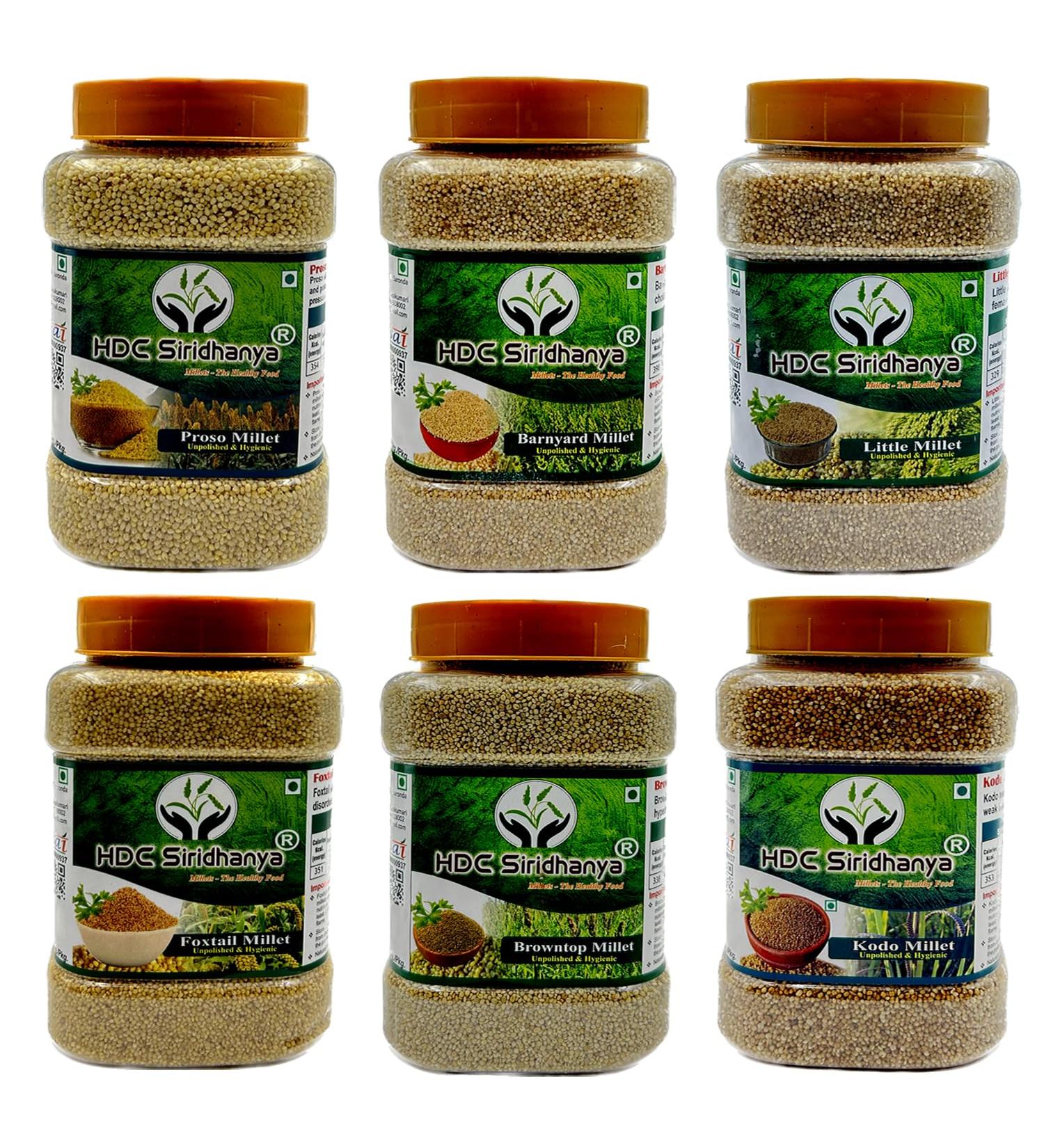 Siridhanya unpolished and organic positive millets combo pack of 6 with proso Each millet 900gm hygienic packed in Jar organically grown from Andhra Pradesh (india) - Buy Online on GoSupps.com