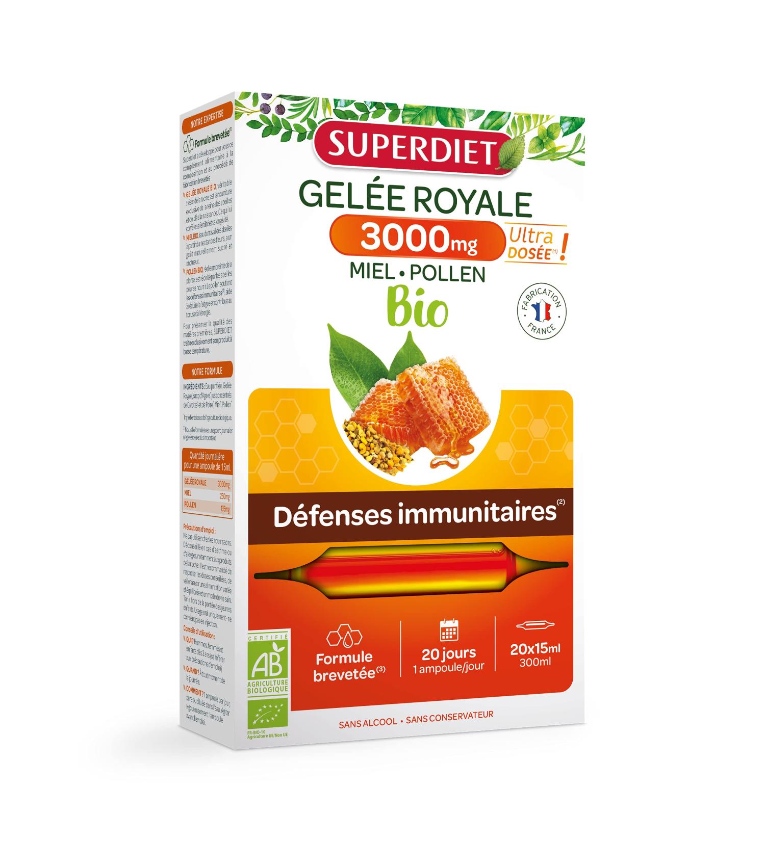 SUPERDIET - SUPERDIET- ROYALE JELLY 3000MG - Patented formula - Immune defenses - Ultra dosed -20 ampoules of 15 ml - Buy Online on GoSupps.com