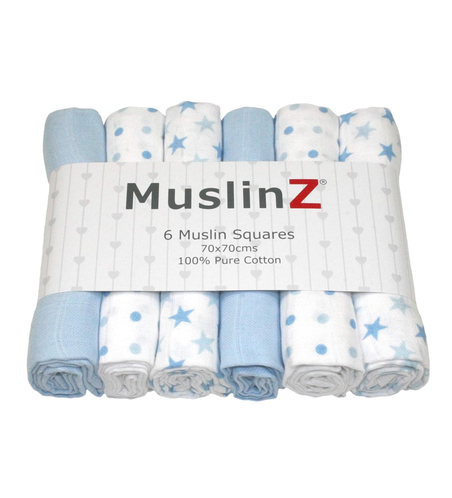 MuslinZ 6pk Baby Muslin Squares Burp Cloths 70x70cm - Blue Star | 100% Pure Cotton | Absorbent & Breathable - Buy Online on GoSupps.com