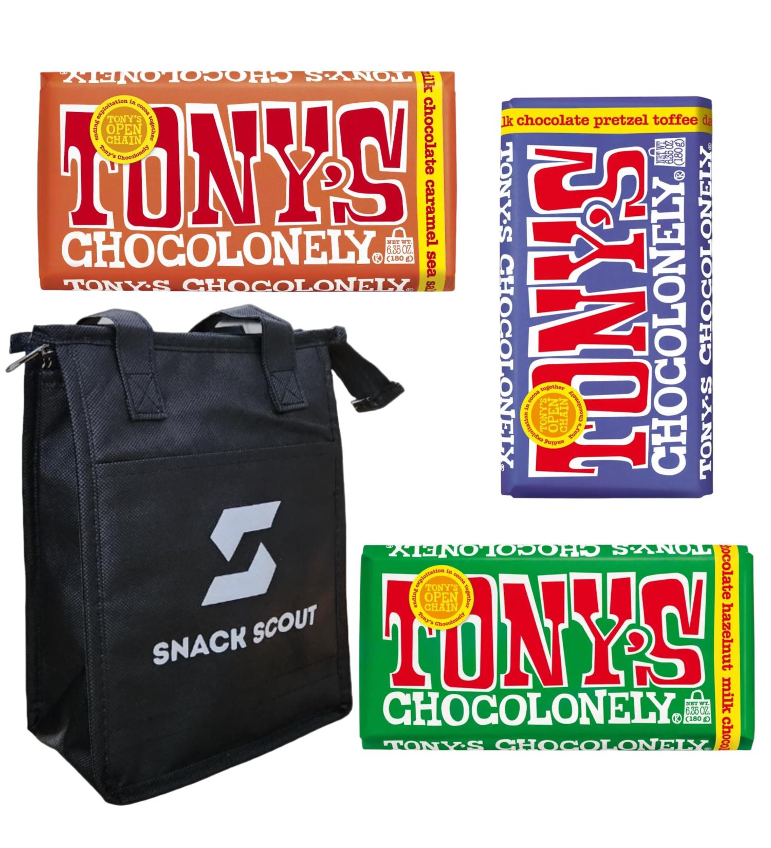 Tony's Chocolonely Netherlands Caramel Pretzel Toffee Hazelnut Chocolate Bar Bundle With Snack Scout Lunch Bag - Buy Online on GoSupps.com