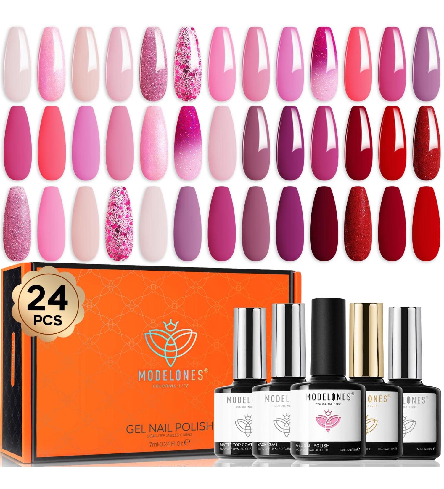 Modelones 24 Pcs Gel Nail Polish Kit - Hot Pink & Glitter Soak Off Gel Set with GlossyMatte Top & Base Coat | Perfect Nail Art Gifts - Buy Online on GoSupps.com