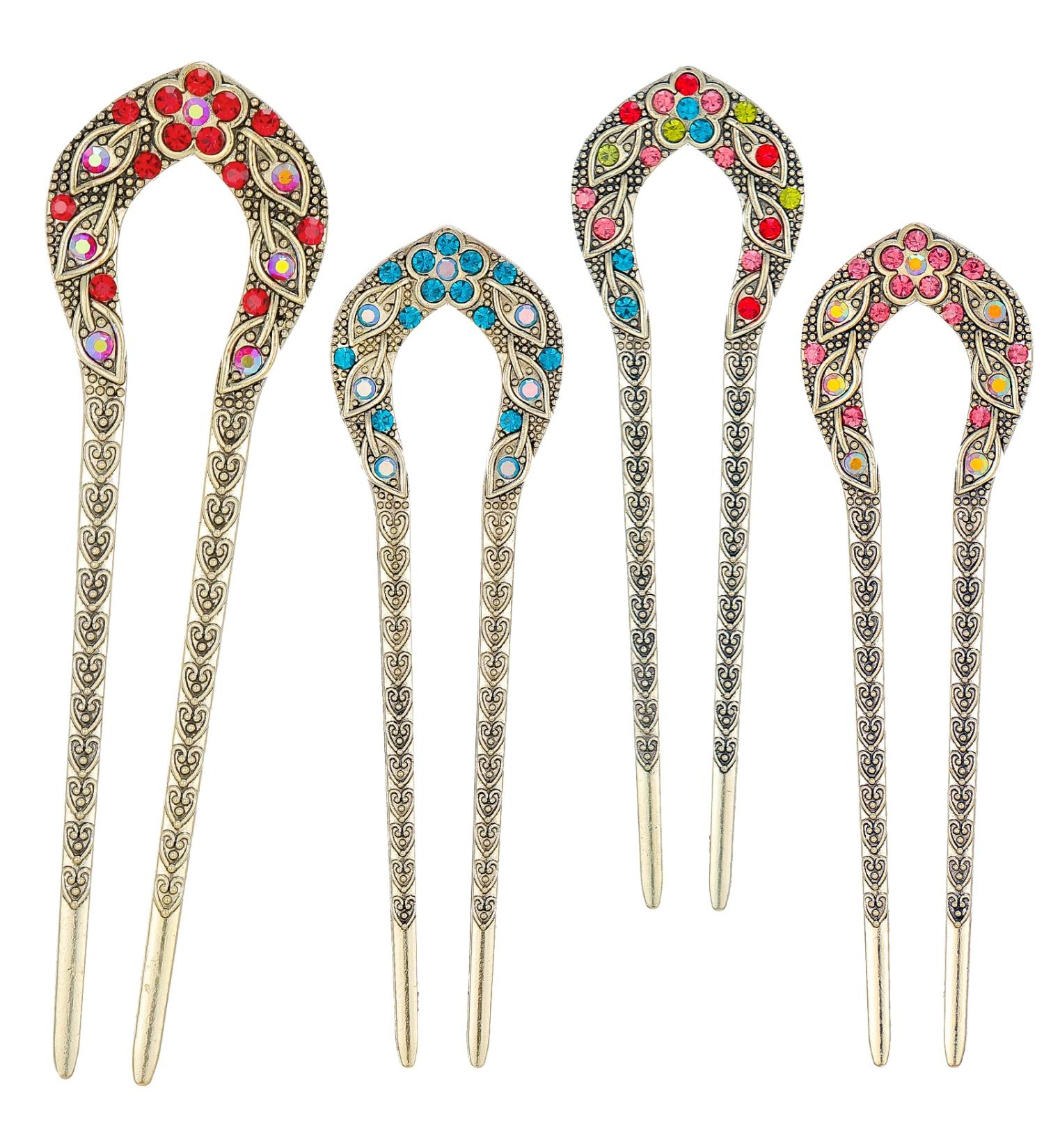 COMNICO 4 Pieces Hair Pins Metal U-Shaped Hair Forks Vintage Updo Hair Sticks with Rhinestone 2 Prong Bun French Hairpins Hairstyle Chignon Accessories for Women Girls Fine Thick & Long Hair Styling - Buy Online on GoSupps.com