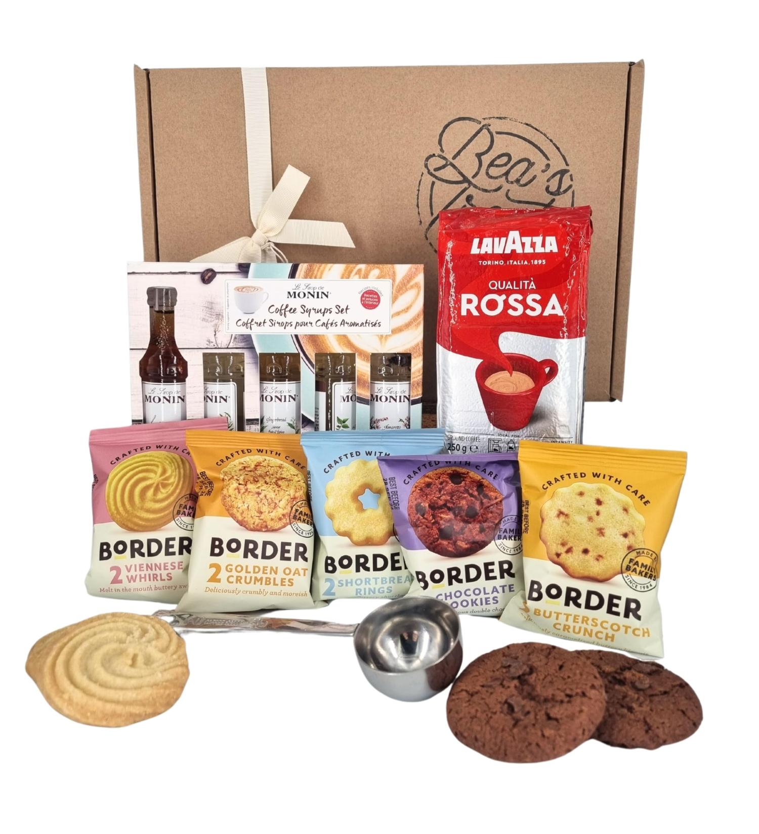 Ground Coffee and Syrup Hamper Bundle With Lavazza Coffee Ground 250g Monin Coffee Syrup Gift Set Border Biscuits and Beas Treats 30ml Scoop - Buy Online on GoSupps.com