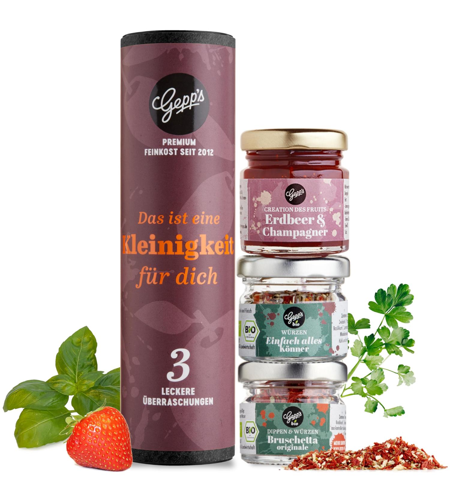 Gepp's Delicatessen Gift Set 'A Little Thing' - Gourmet Gift Set for Men & Women | Bruschetta Dip Strawberry Champagne Spread Spice Salt | Natural No Artificial Additives - Buy Online on GoSupps.com