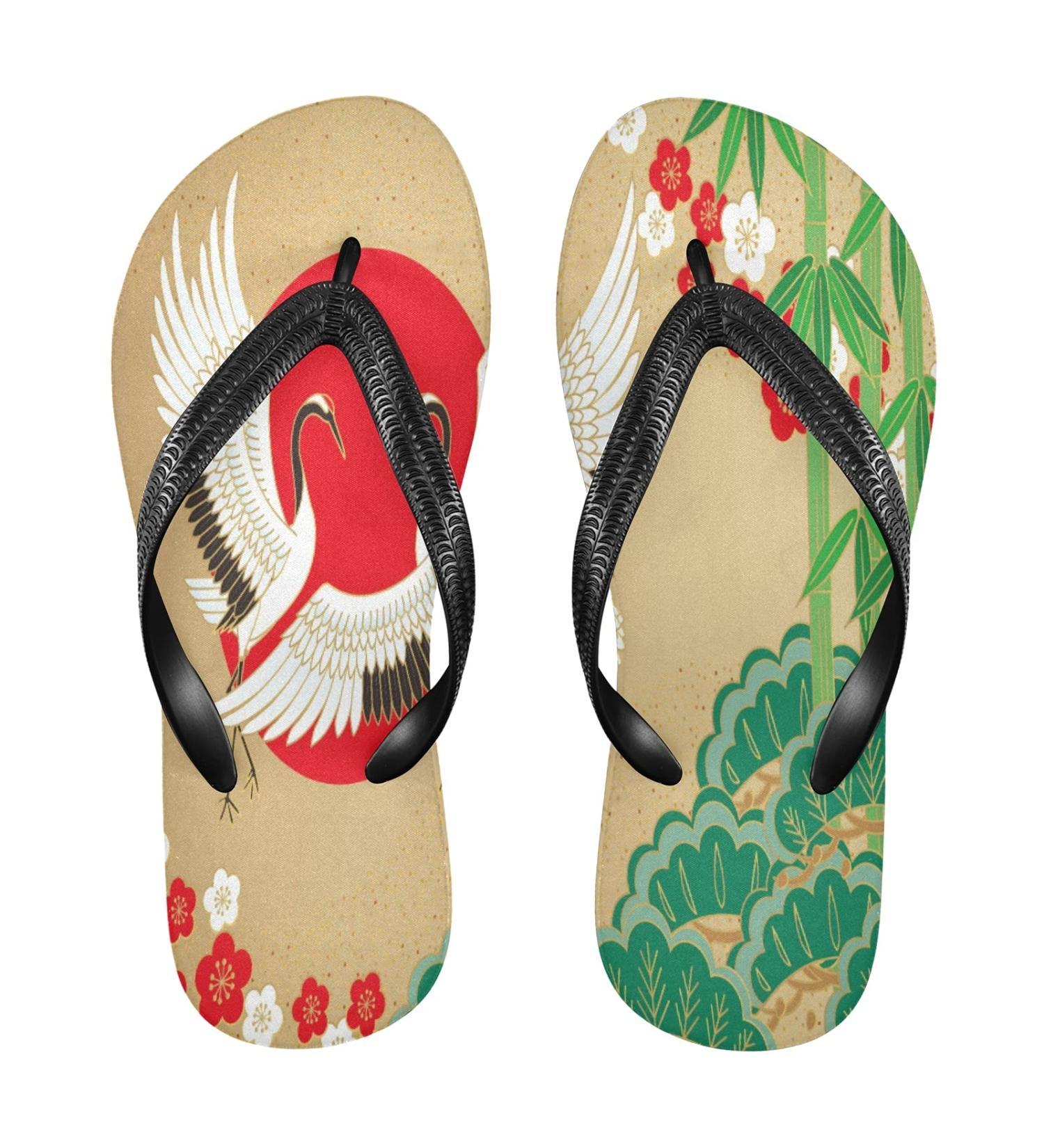 Mnsruu Crane Pine Bamboo Plum Blossom Flip Flops | Eco-Friendly Travel Sandals for Men & Women | Home Slippers & Spa Footwear - Buy Online on GoSupps.com
