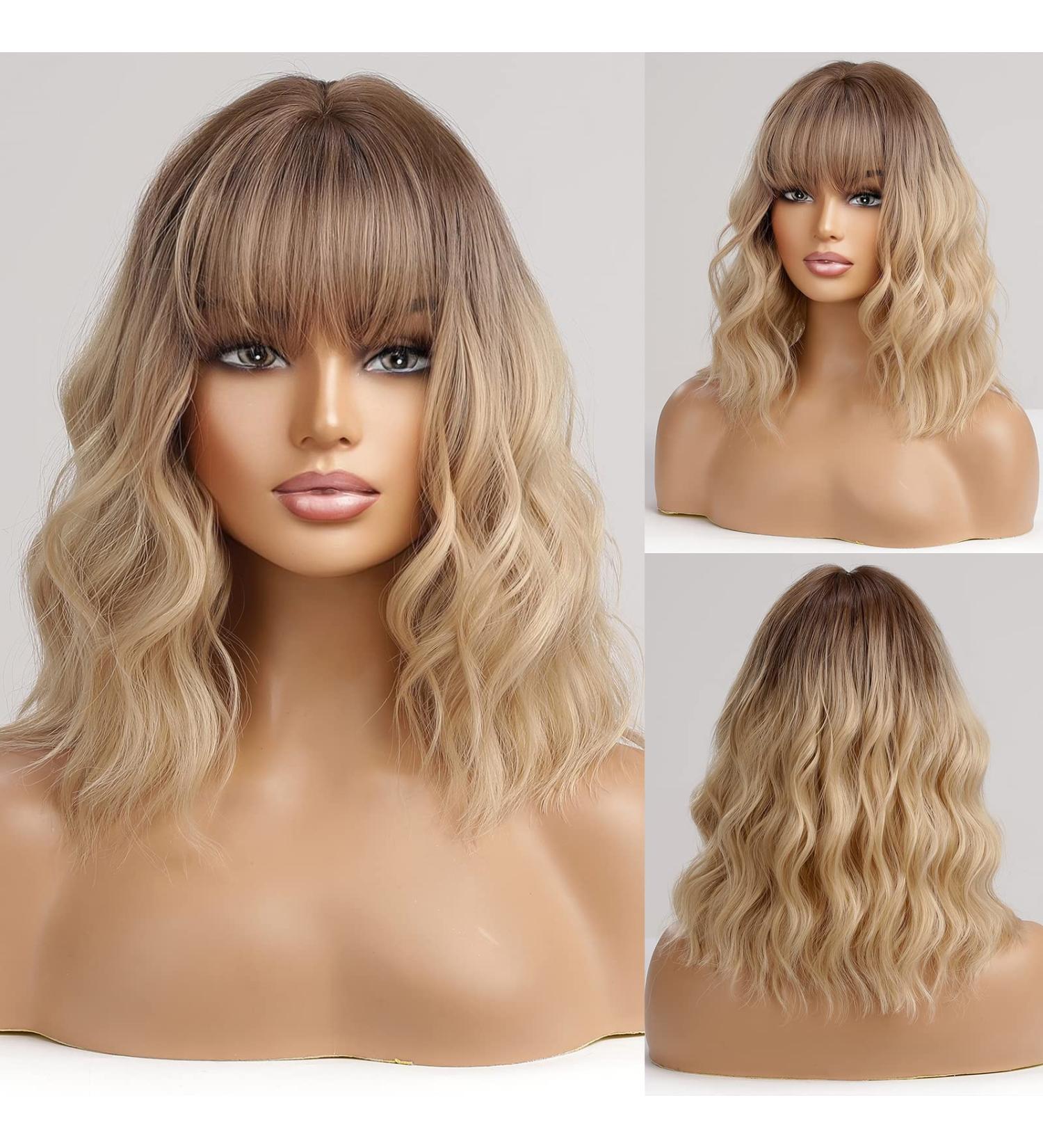 HAIRCUBE Short Blonde Curly Wigs with Dark Roots and Bangs - Wavy Bob Style for Women | Heat Resistant Synthetic - Buy Online on GoSupps.com