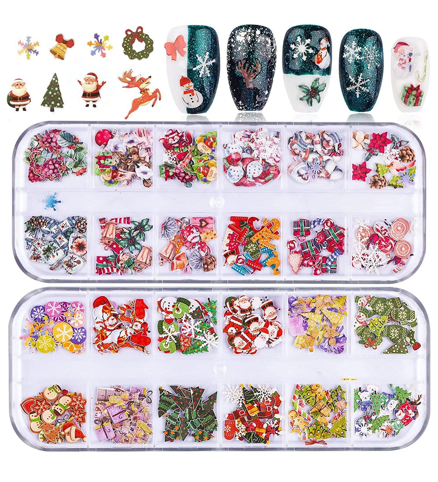 24 Grid Christmas Nail Art Stickers Decals Nail Art Supplies Christmas Santa Elk Flash Snow Deer Wood Pulp 3D Nail Art Decorations Accessories Christmas Nail Sequins - Buy Online on GoSupps.com