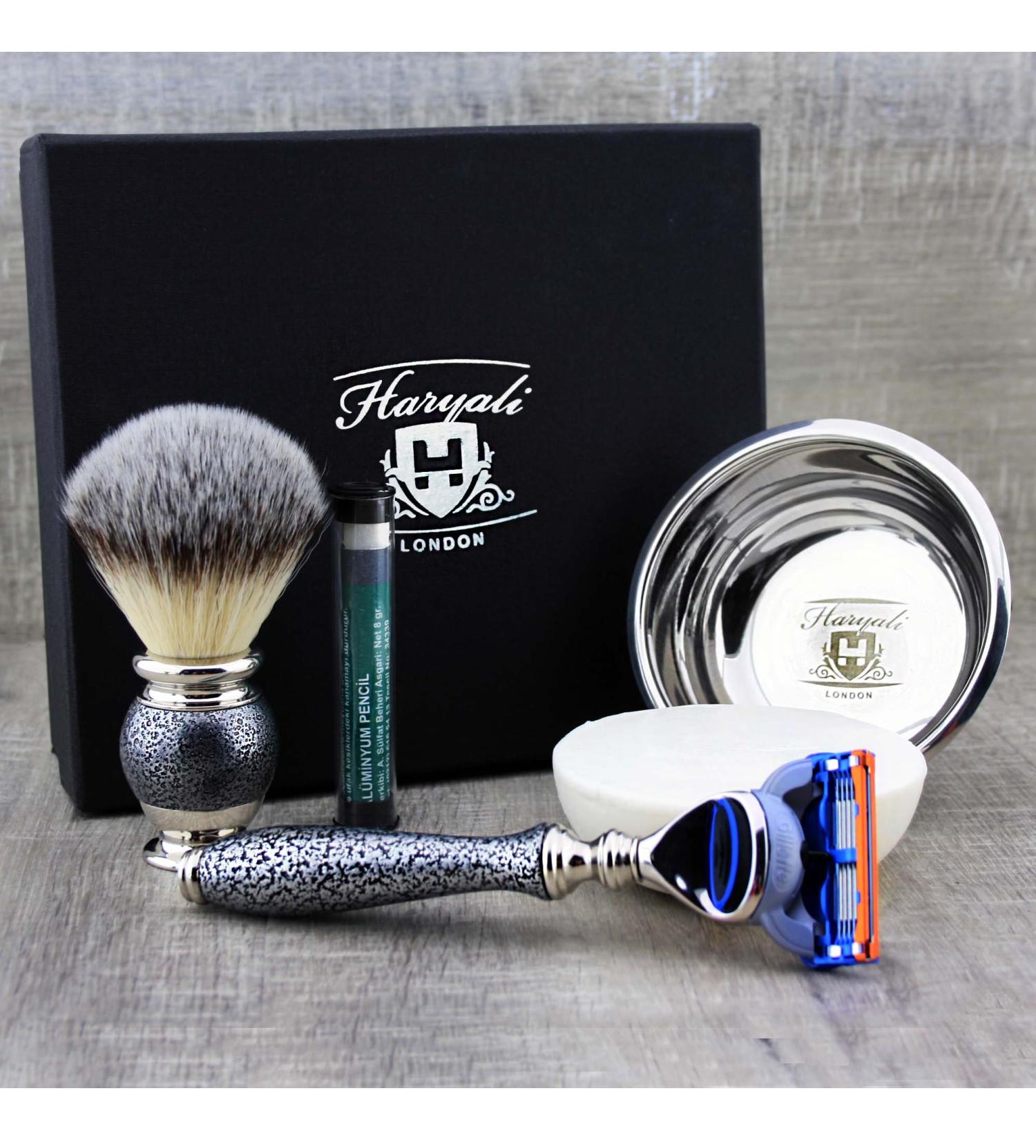 Haryali London 5-Part Men's Shaving Set | 5 Blades Synthetic Brush Soap Bowl & Aftershave - Perfect Grooming Kit for Men - Buy Online on GoSupps.com
