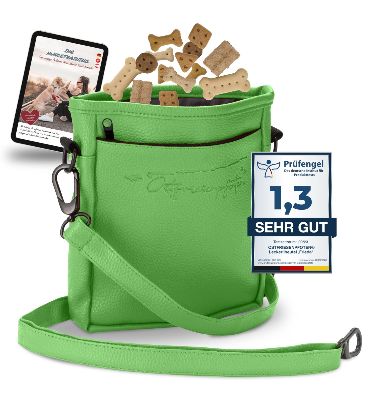 Ostfriesenpfoten Frieda Dog Treats - High-Quality Synthetic Leather Gassitasche in Green (Size L) - EasyOpen Single-Handed Lock - International Shipping Available - Buy Online on GoSupps.com