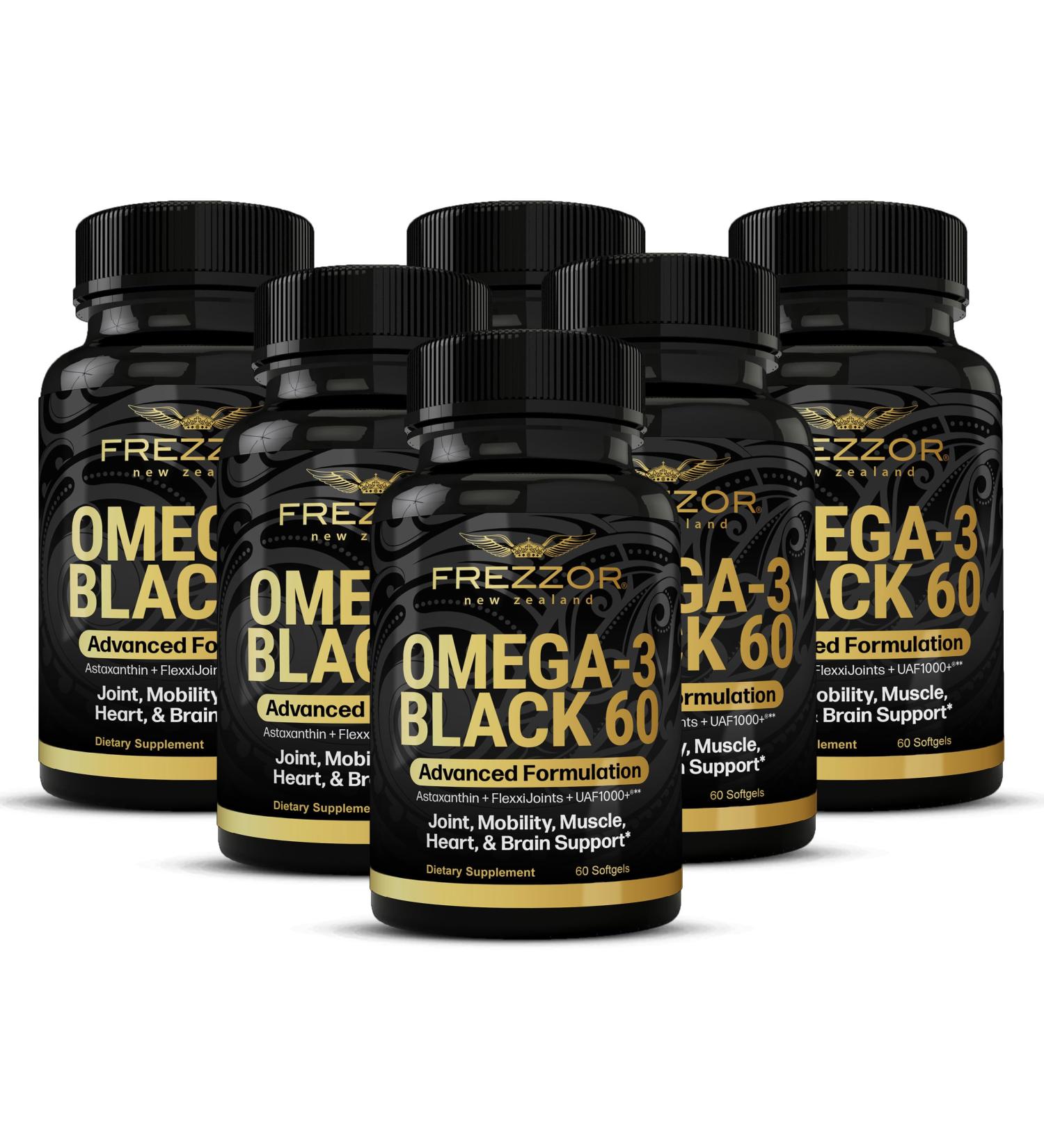 FREZZOR Omega 3 Black for Joint Care & Comfort - New Zealand Green Lipped Mussel Oil Capsules 53x Higher Potency with UAF1000+ Super Antioxidant No Fishy Aftertaste 450mg 6-Pack 360 Softgels - Buy Online on GoSupps.com