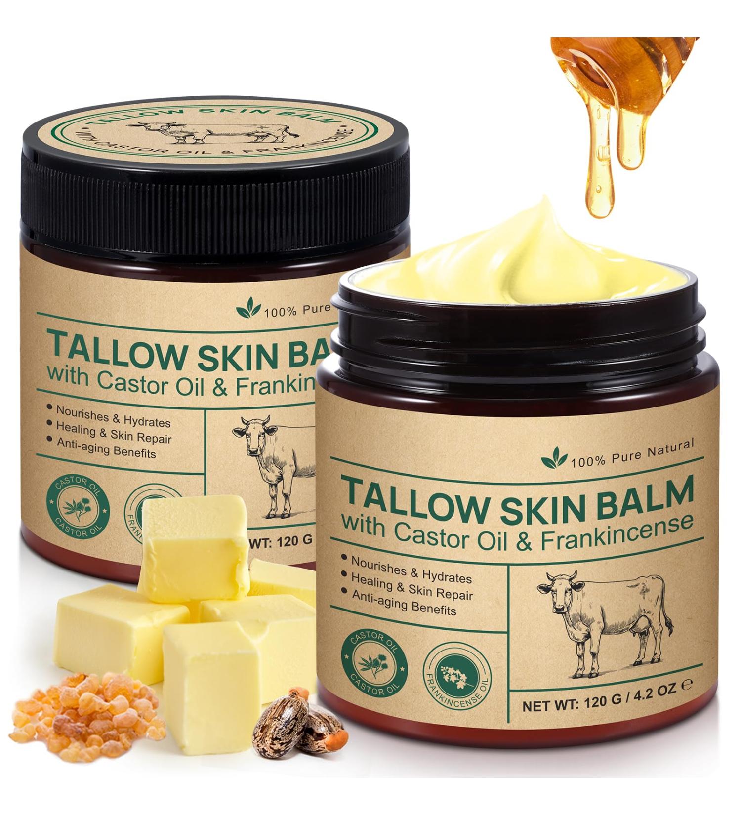 Handmade Tallow Balm with Organic Castor Oil & Frankincense Beef Tallow for Skin 100% Grass-Fed Tallow Moisturizer for Face & Body Sensitive & Dry Skin Care Natural Age-Defying Cream 4.2 oz - Buy Online on GoSupps.com